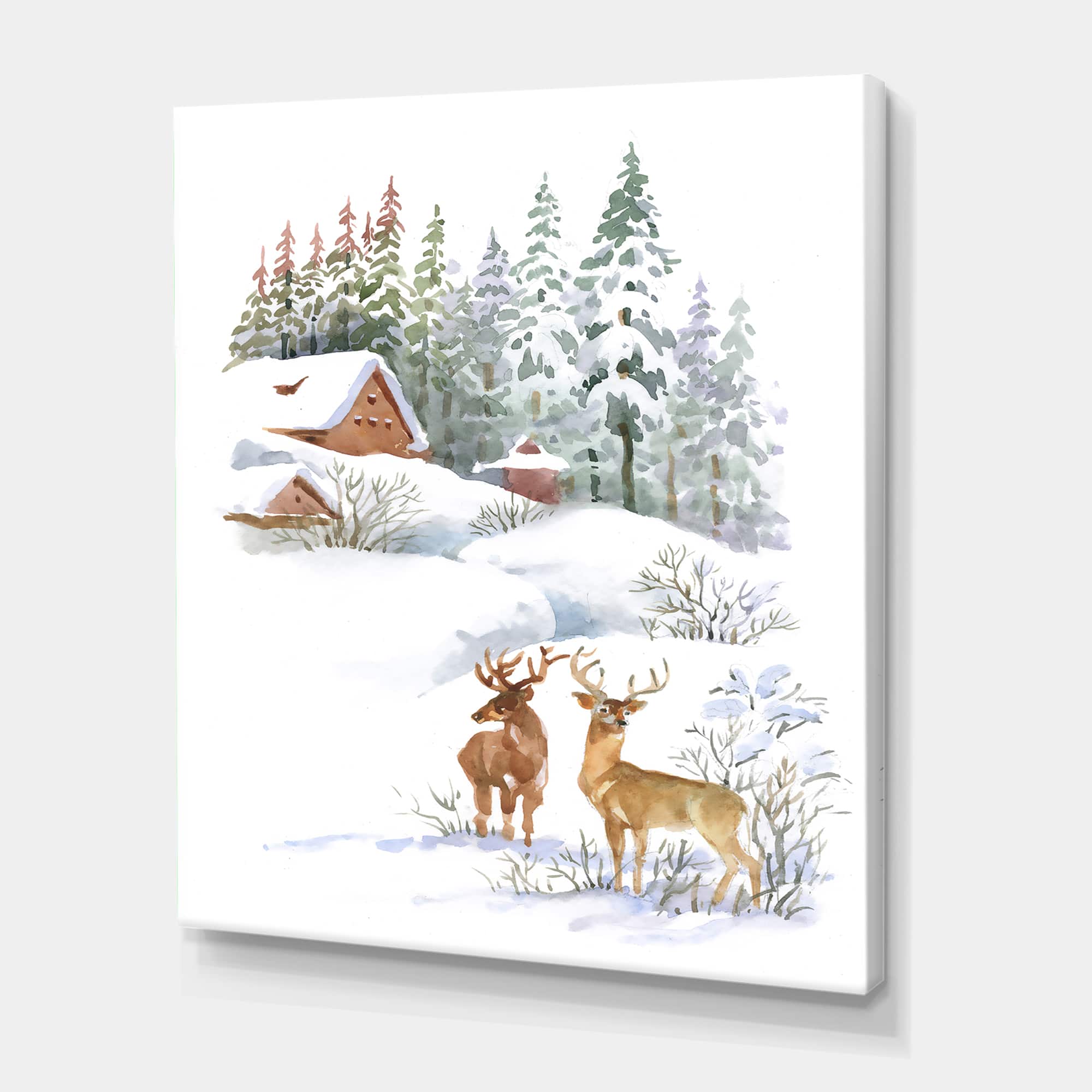 Designart - Winter Cottage With Two Deers - Farmhouse Canvas Wall Art Print