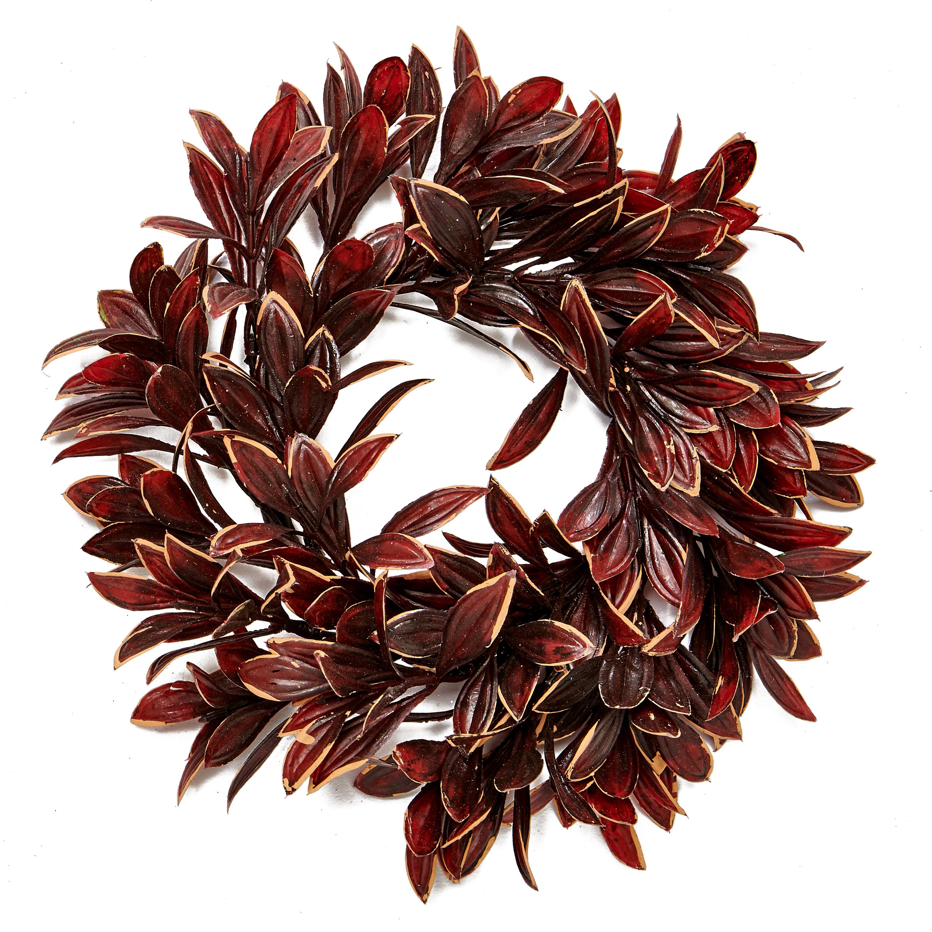4.5" Christmas Artificial Variegated Burgundy Leaves Pillar Candle Rings, 2ct.