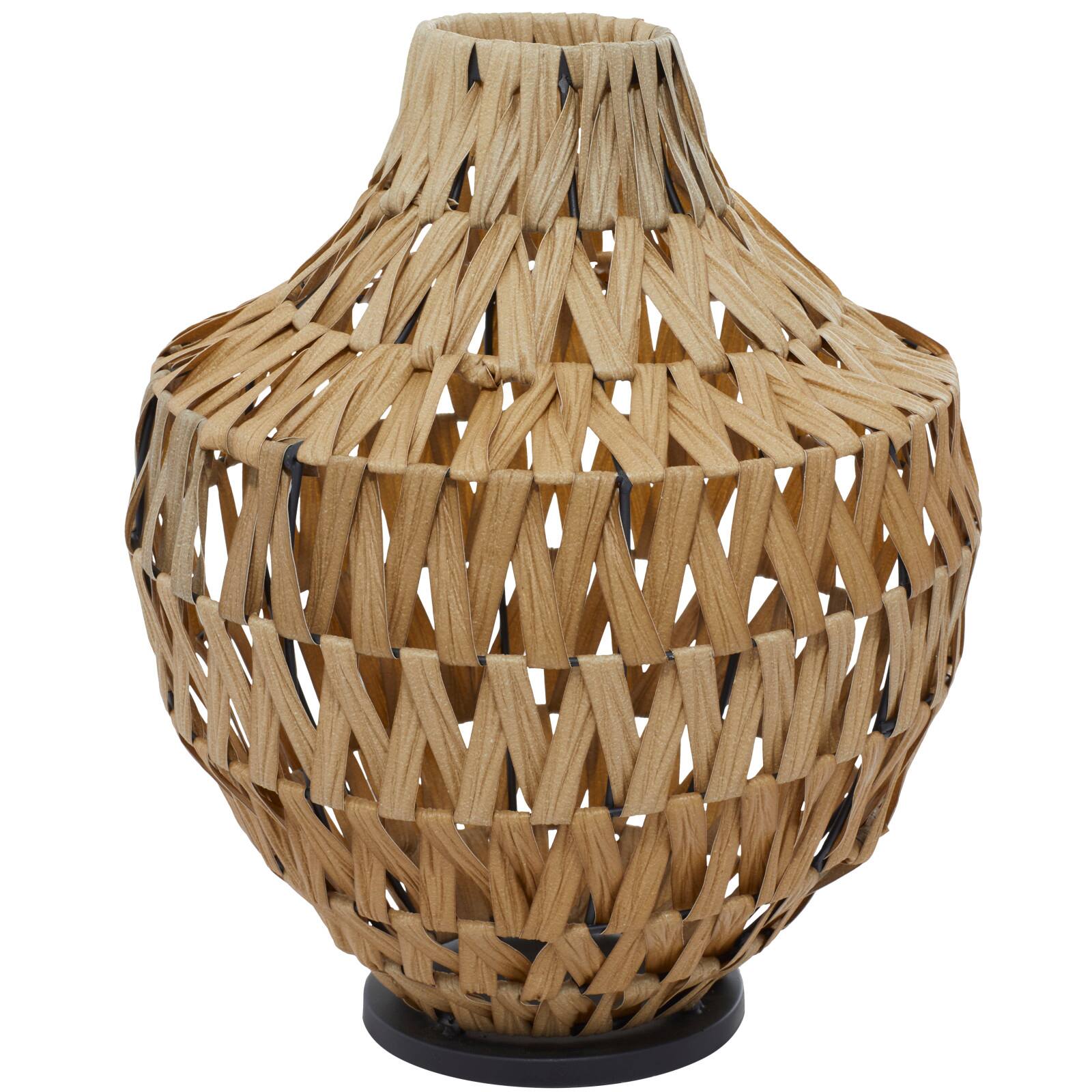 Brown Plastic Rattan Handmade Woven Vase with Black Metal Base 14" x 14" x 17"