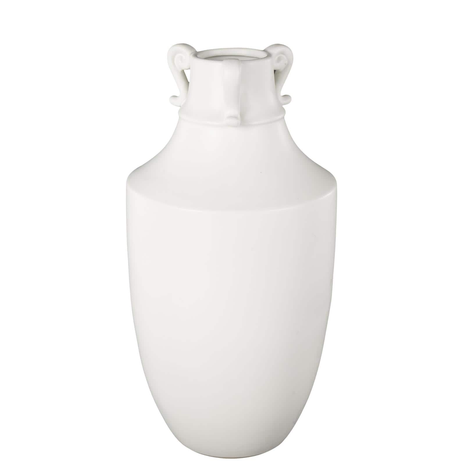 18.25" White Ceramic Sleek Amphora Vase with Scroll Handles