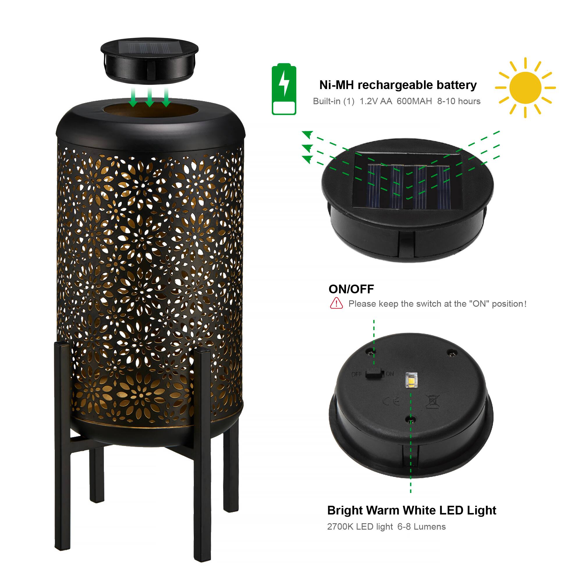Glitzhome® 14.25" Black Metal Cutout Flower Pattern Solar Powered LED Outdoor Lanterns, 2ct.