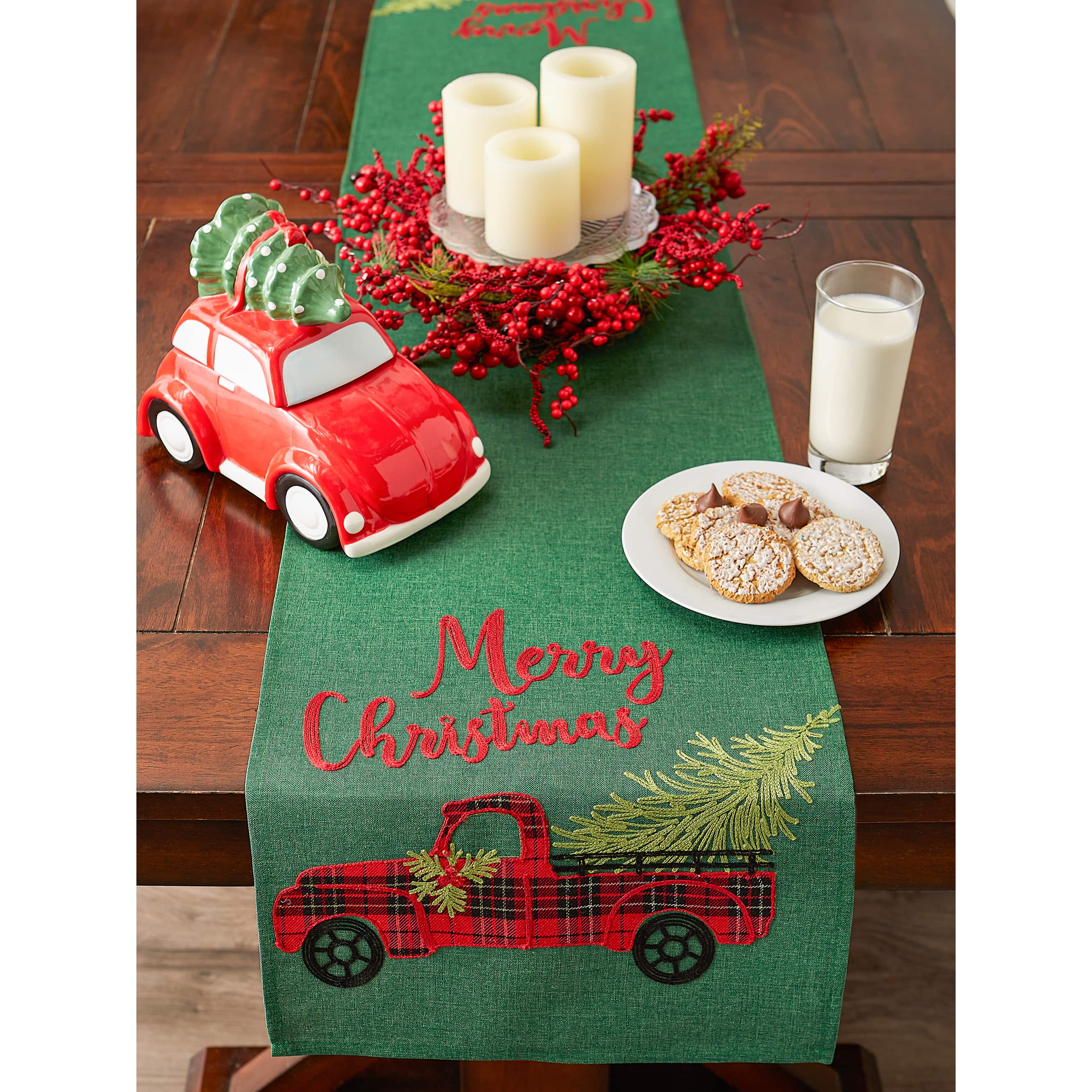 DII® 70" Green Merry Christmas Truck Embroidered Table Runner