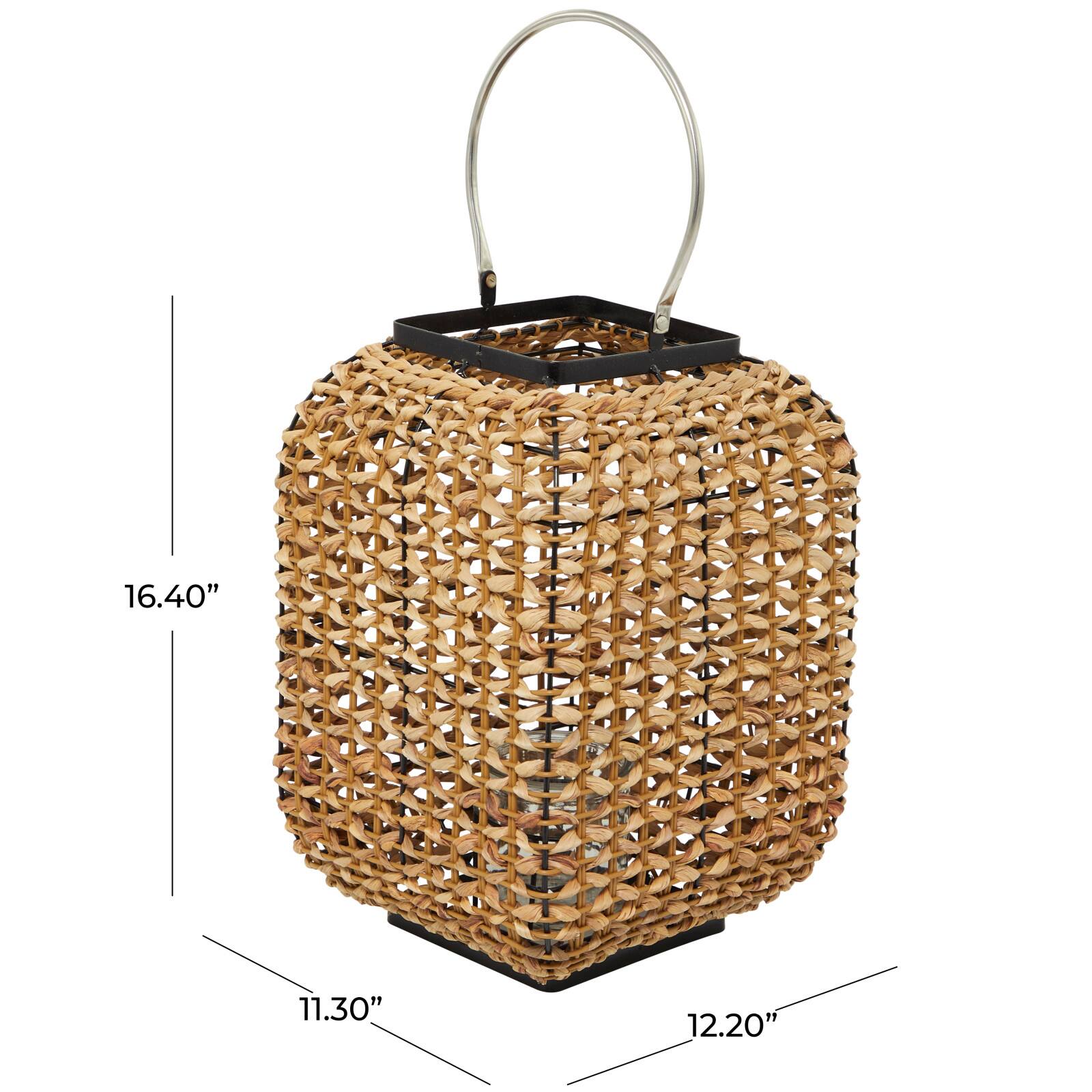 16" Brown Dried Plant Handmade Candle Lantern with Glass Holder and Handle