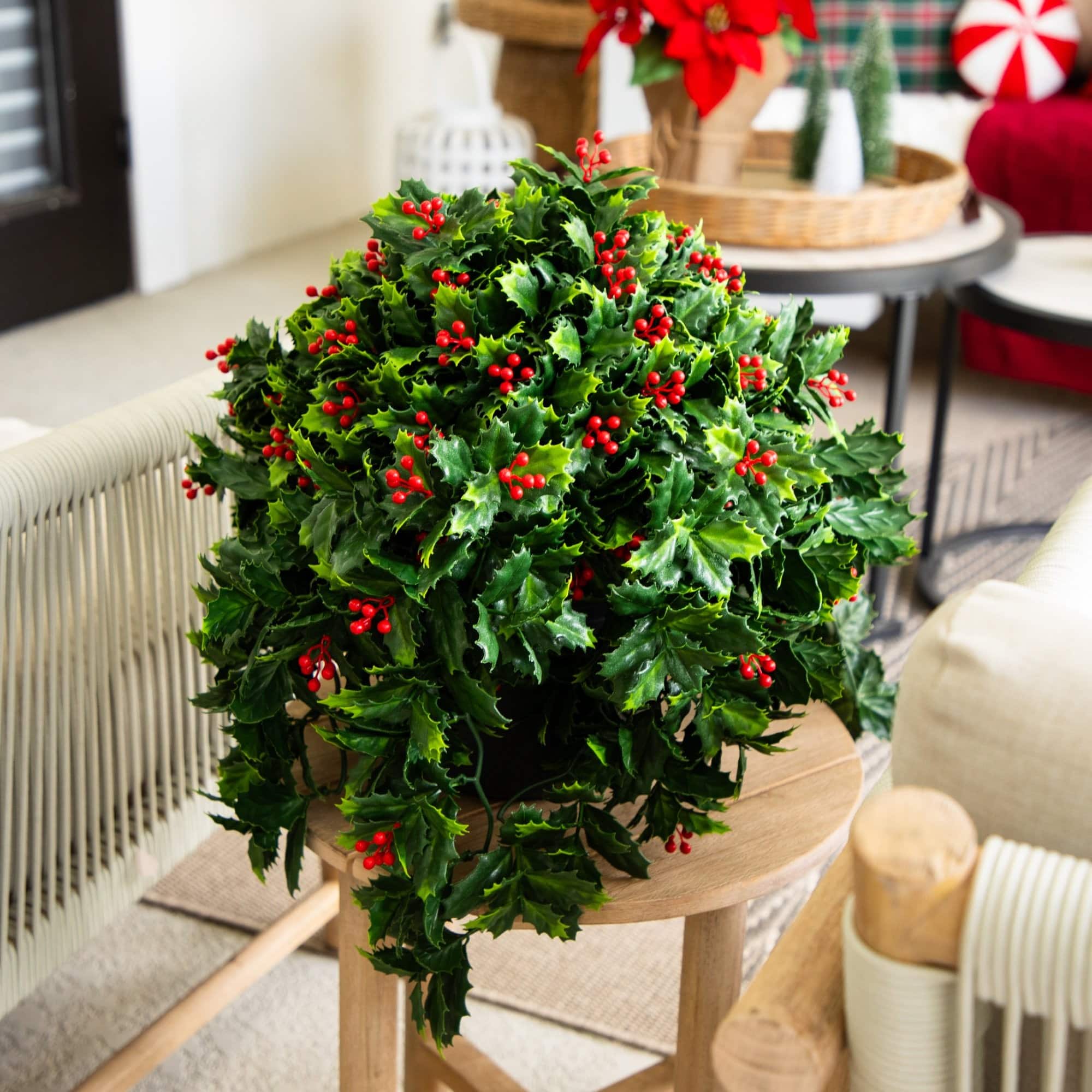 Nearly Natural 16" Holly & Berry UV Resistant Artificial Christmas Plant
