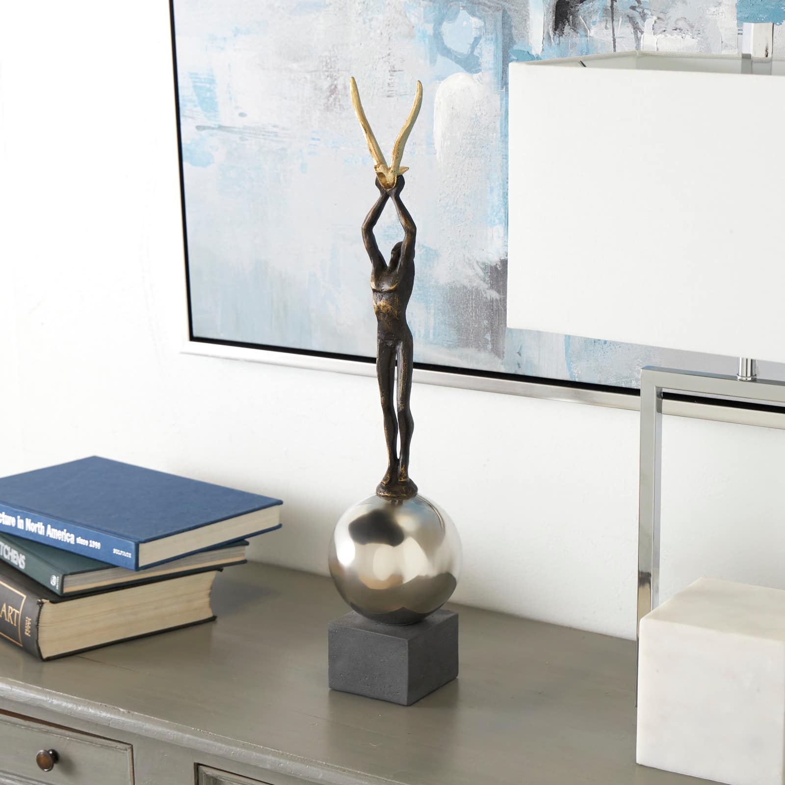 24" Silver Polystone People Sculpture with Stainless Steel Accents