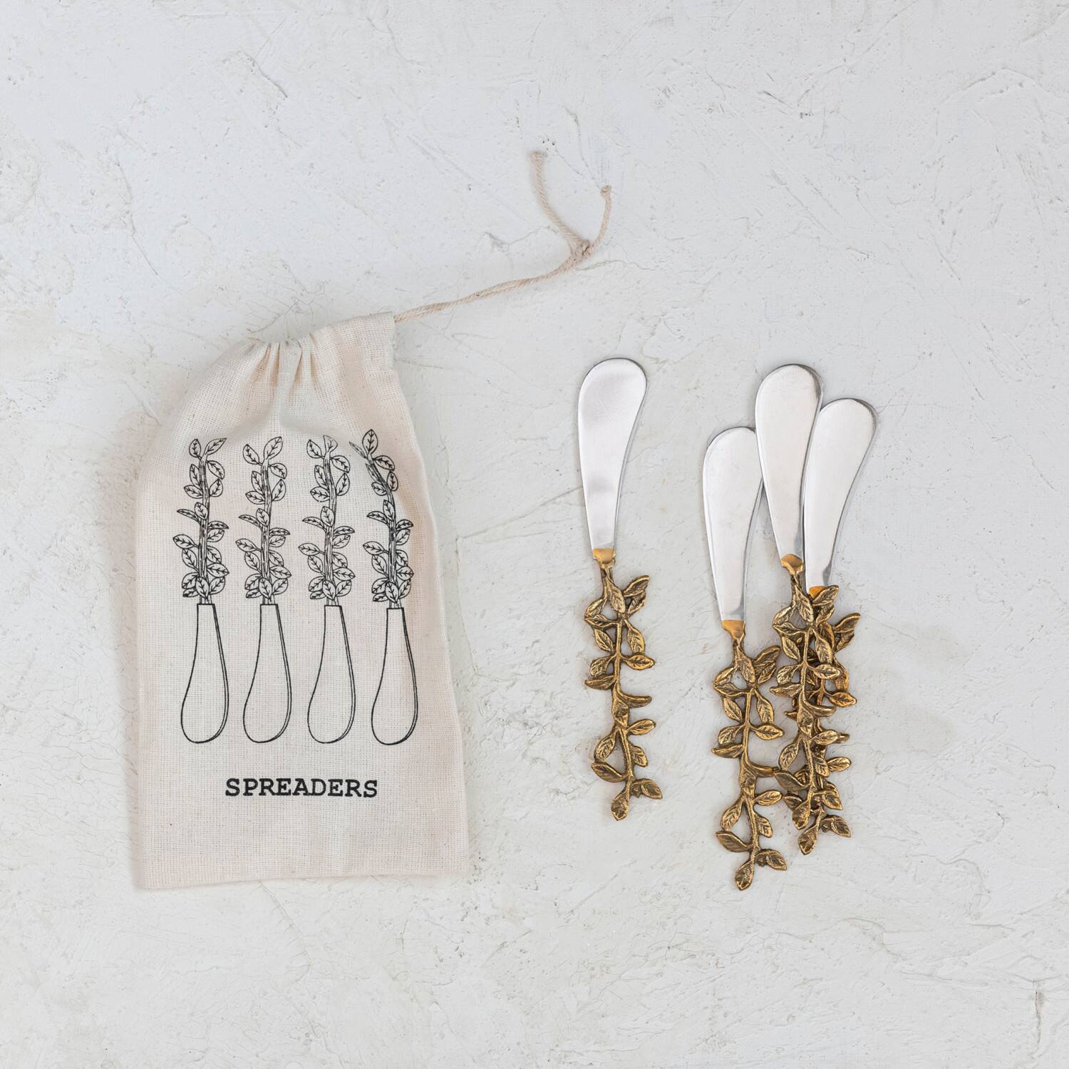 Hello Honey® Stainless Steel & Brass Canapé Knives with Leaves Handles Set