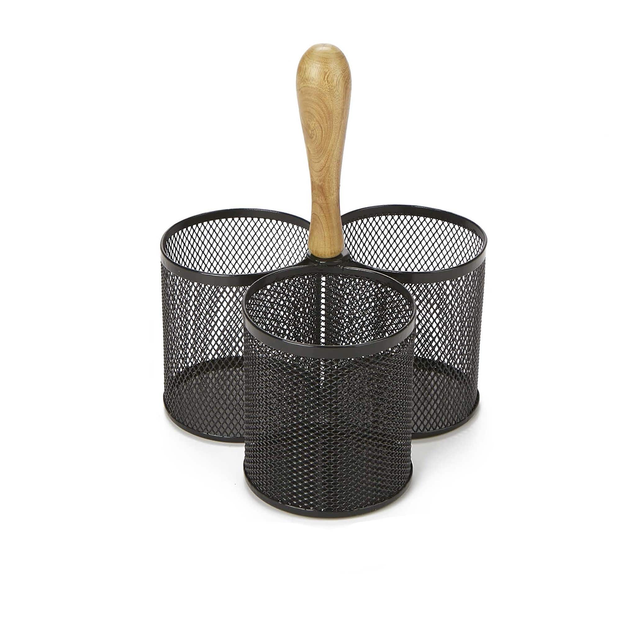 Mind Reader Network Collection Black 3-Compartment Utensil Caddy with Wooden Handle