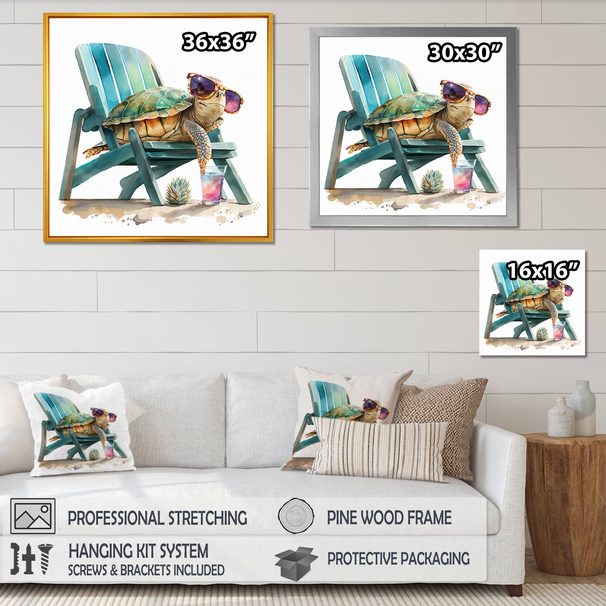 Designart 'Turtle Laying On A Beach Chair With Sunglasses I' Animals Framed Canvas Wall Art