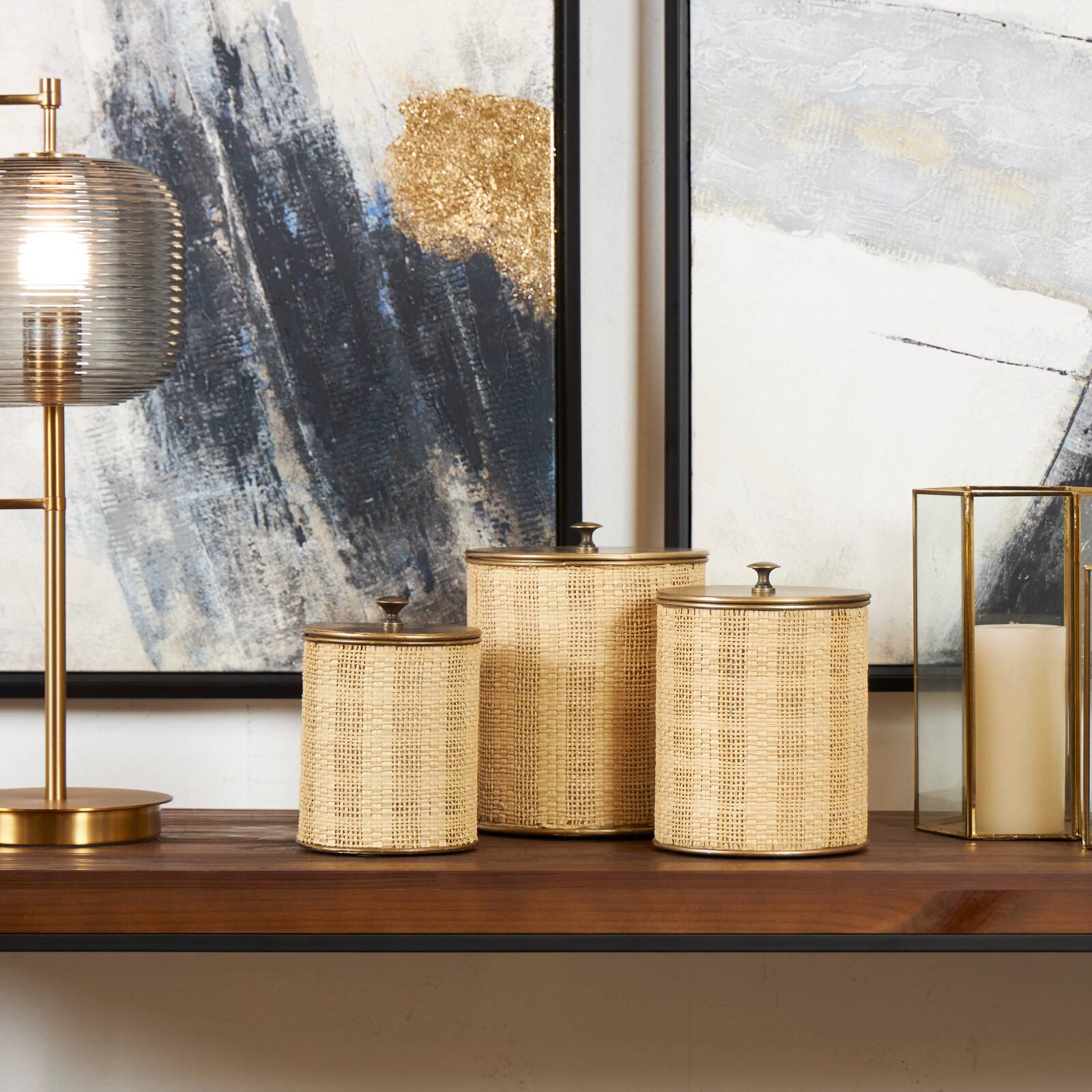 Beige & Gold Woven Paper Decorative Jar Set