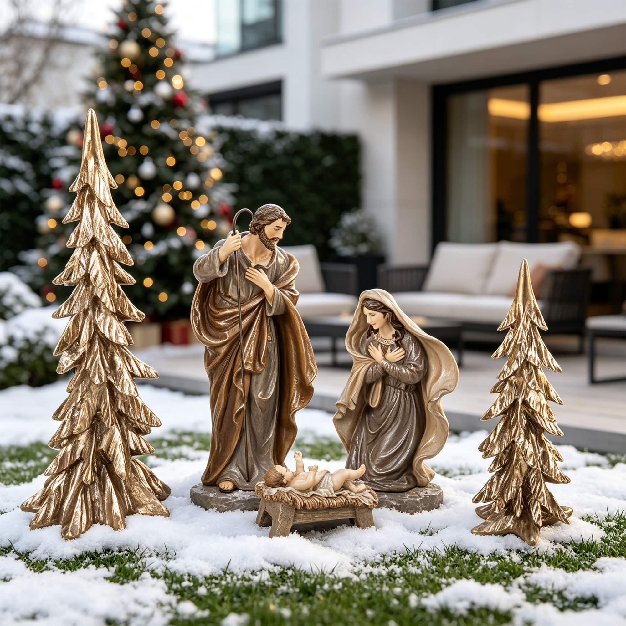 Glitzhome® 5-Piece Brown Resin Holy Family & Christmas Trees Figurine Set
