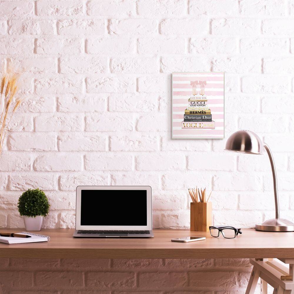 Stupell Industries Glam Fashion Heals with Bookstack and Pink Stripes Wood Wall Plaque