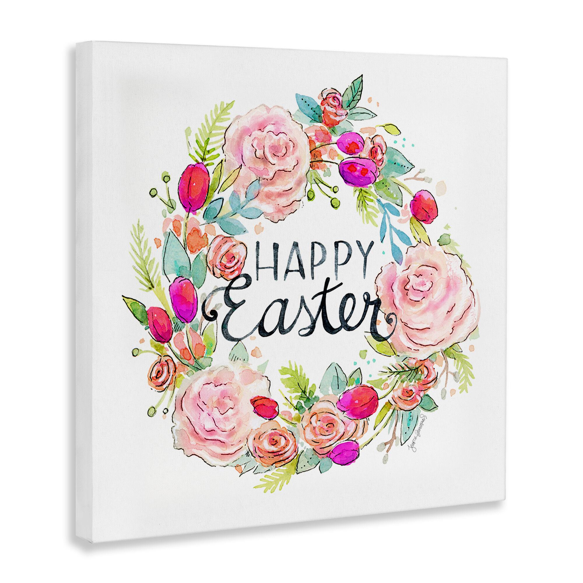 Stupell Industries Happy Easter Vivid Pink Floral Blossom Border Canvas Wall Art