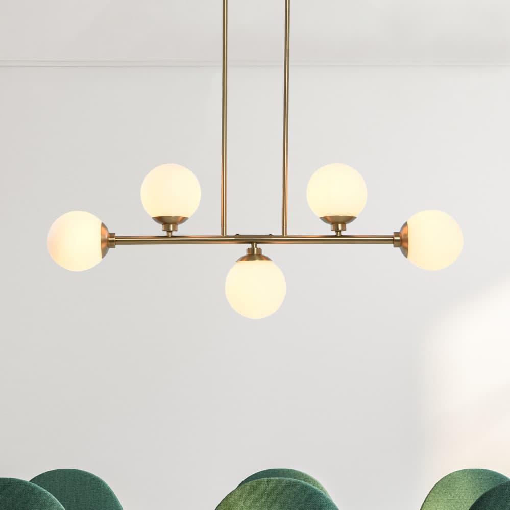 Hello Honey® Robert Stevenson Lighting Lorne 34" Brushed Gold 5-Light Metal and Frosted Glass Chandelier