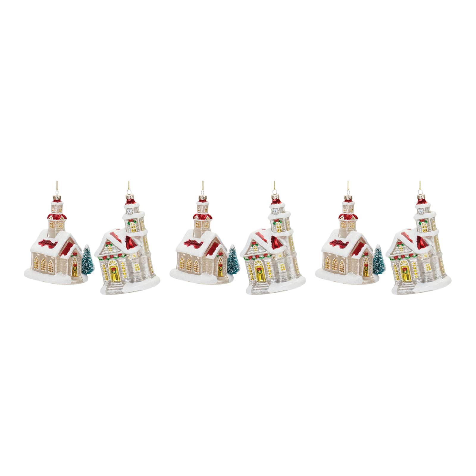 6ct. Glittered Glass Church Ornaments