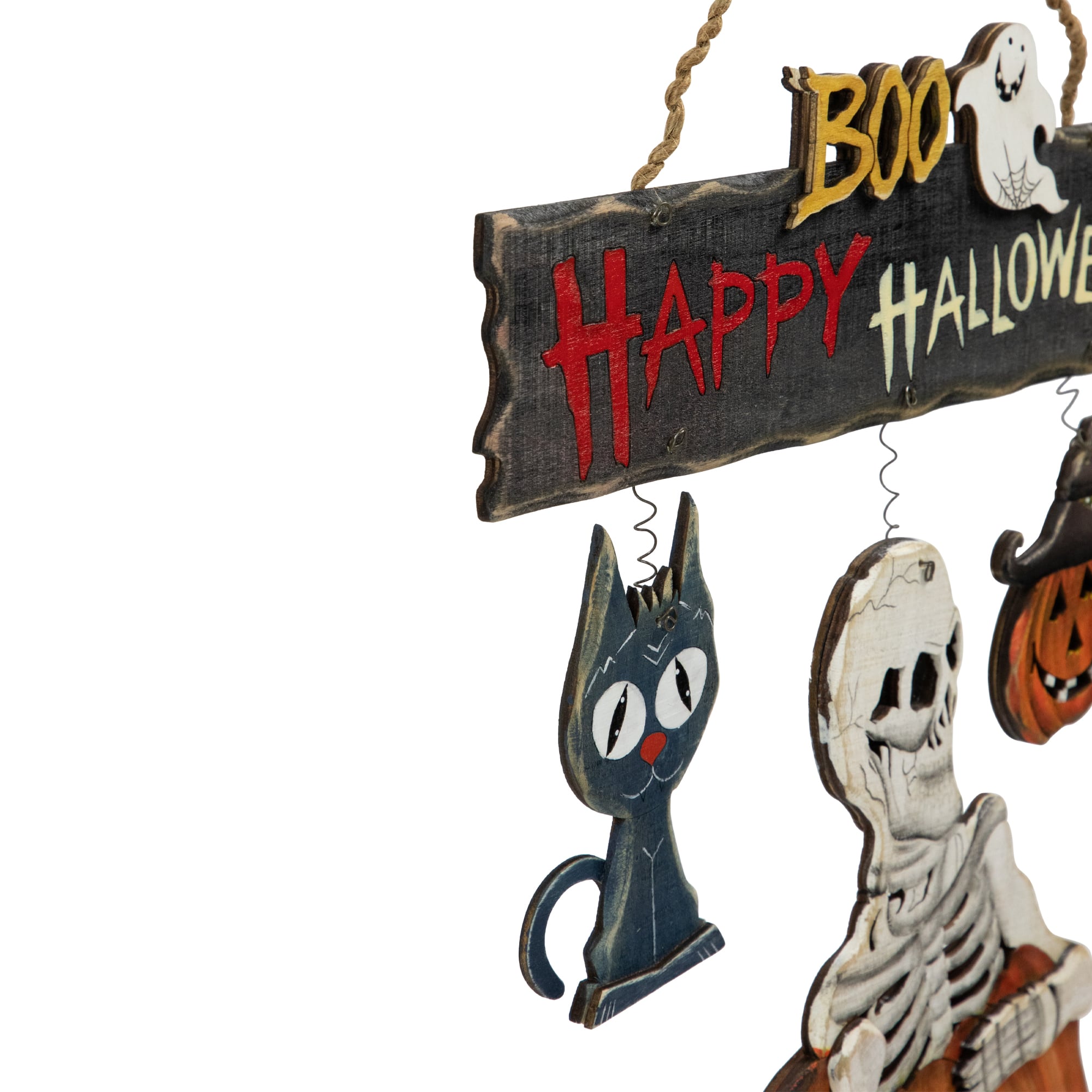15" Skeleton with Jack-O-Lanterns & Black Cat Happy Halloween Hanging Sign