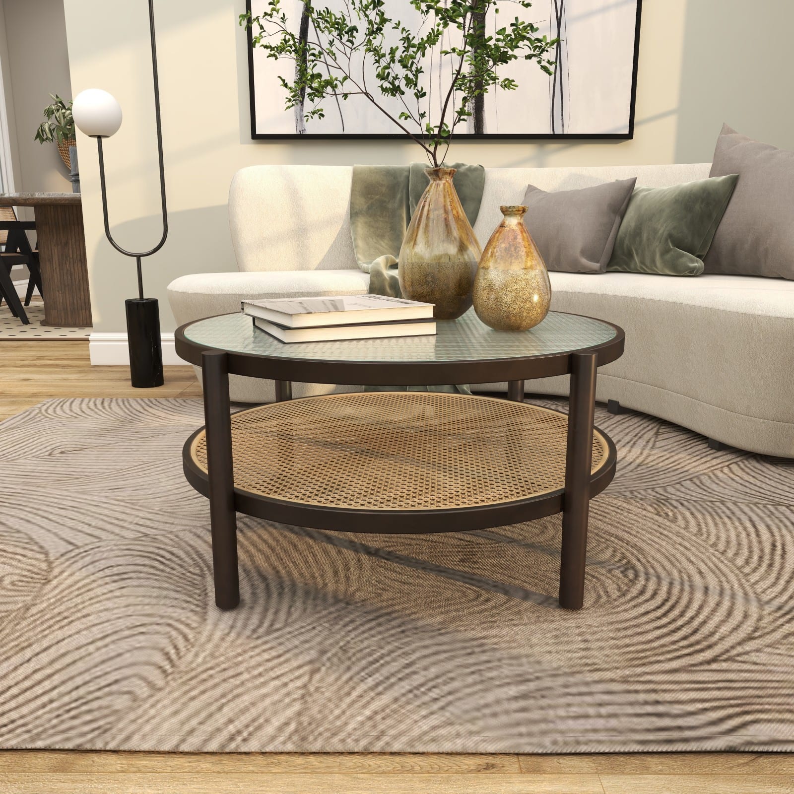 34" Brown Rattan Coffee Table with Pressed Tempered Glass Top