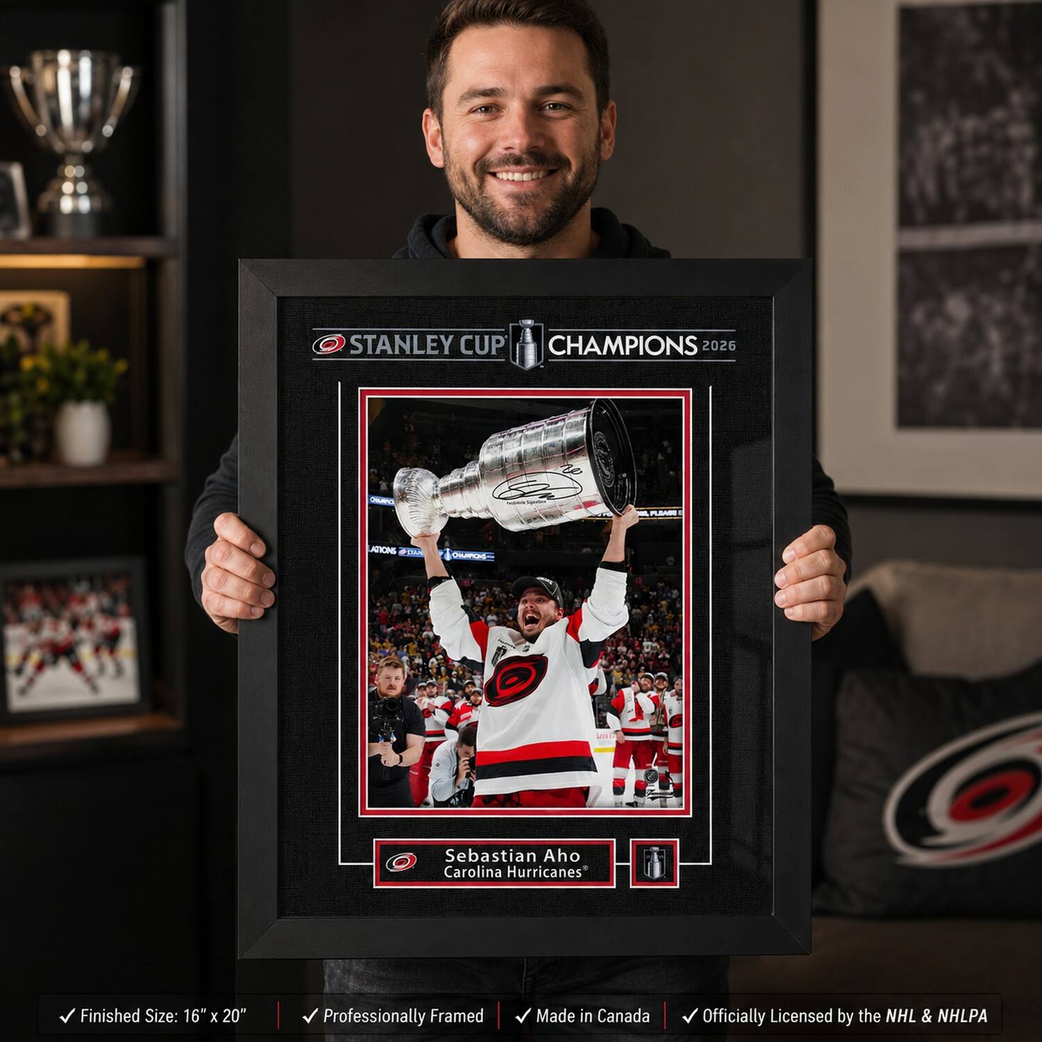 Frameworth 16" x 20" Licensed Sebastian Aho Hurricanes 2026 Champions Replica Signature Frame
