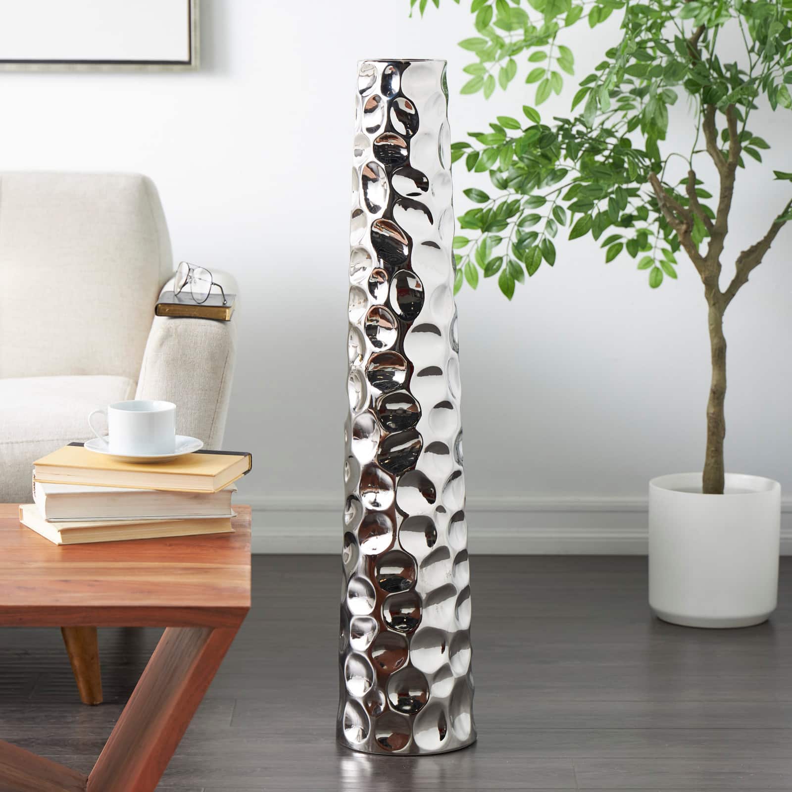 3ft. Silver Ceramic Geometric Bubble Vase with Concaved Circles