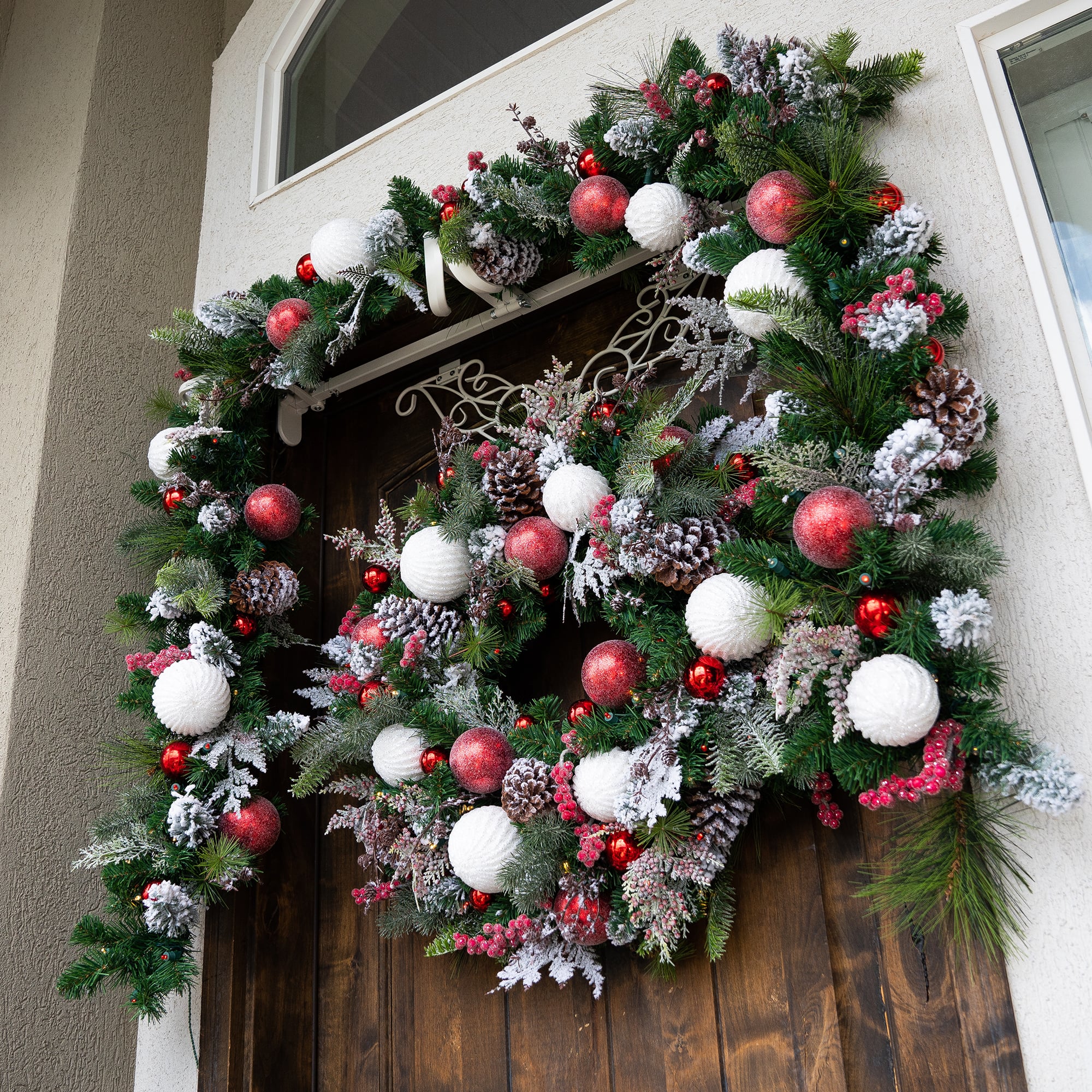 Village Lighting 30" Pre-Lit Frosted Wonderland Christmas Wreath, Red & Clear LED Lights