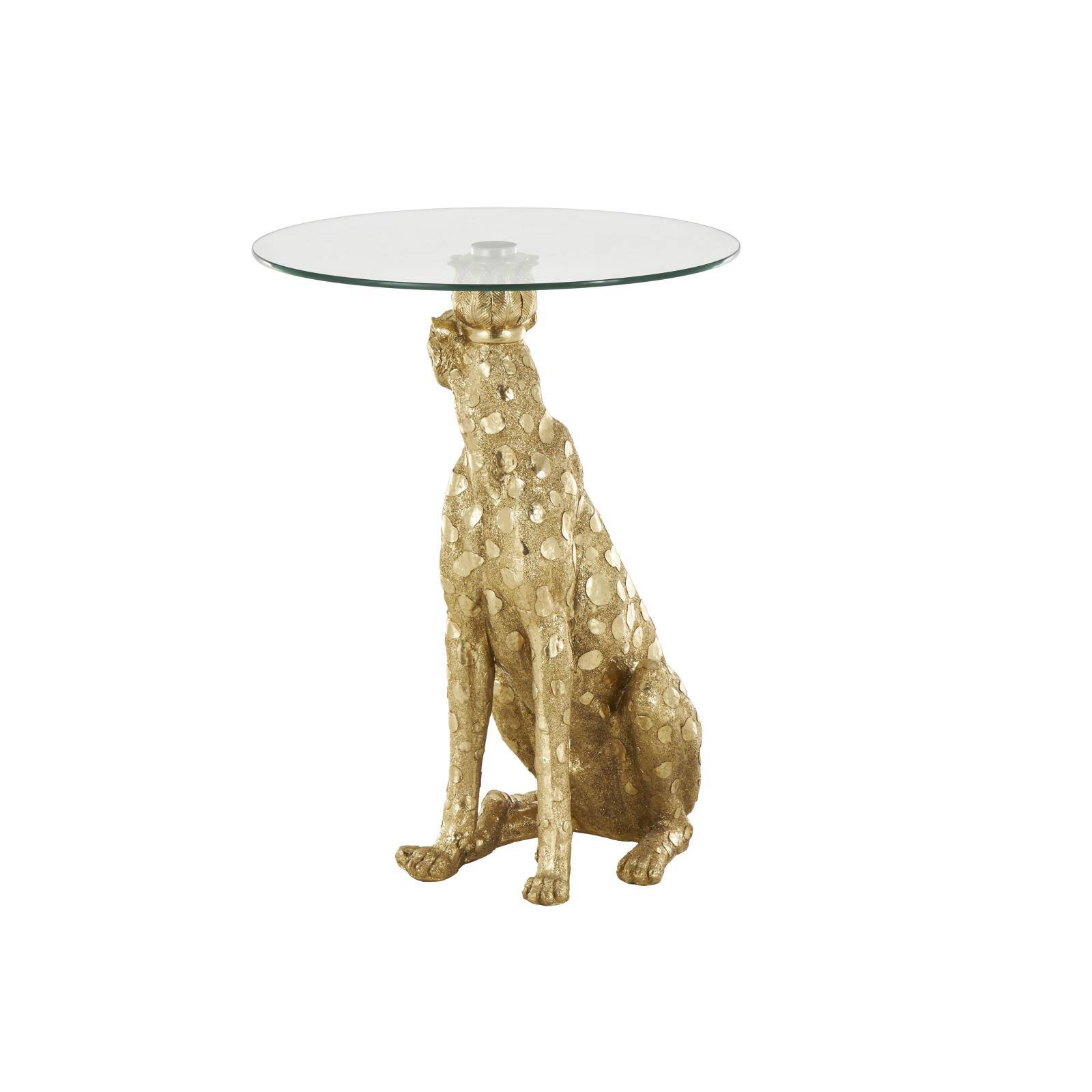 21" x 25" Gold Resin Leopard Sitting Metallic Accent Table with Round Glass Tabletop
