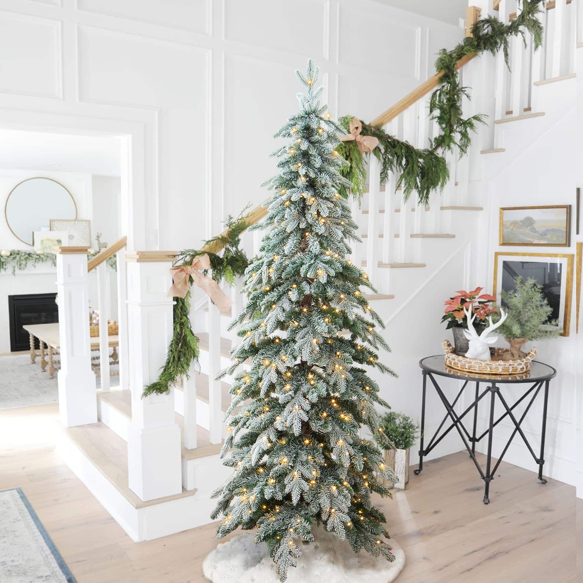 7.5ft. Pre-Lit Flocked Pencil Spruce Artificial Christmas Tree, Warm White LED Lights