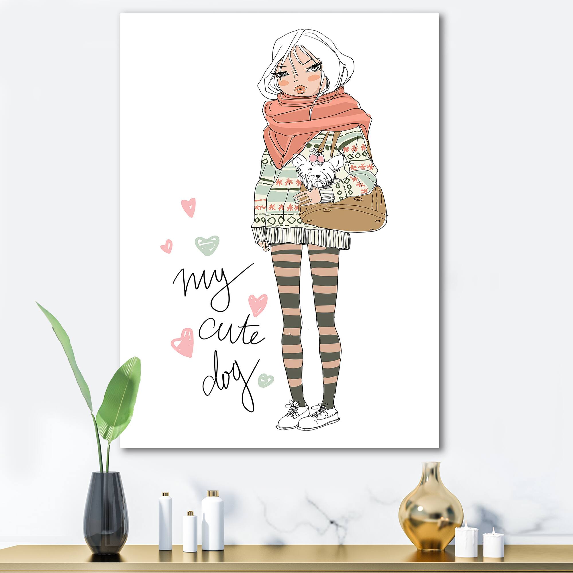 Designart - Cute Girl With Dog - Shabby Chic Canvas Wall Art Print