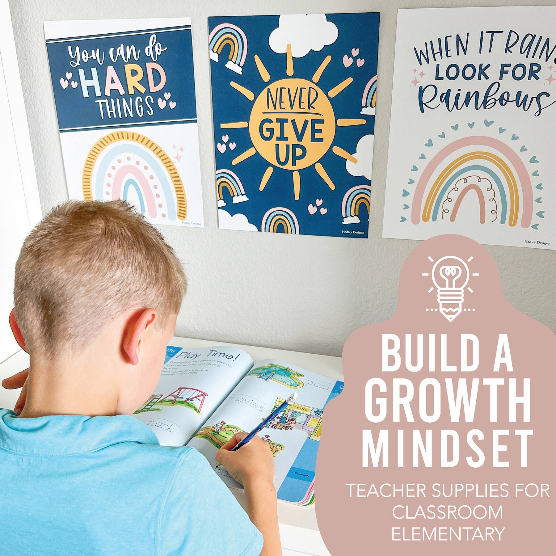 Hadley Designs 11" x 14" Boho Rainbow Growth Mindset Classroom Décor Posters Set