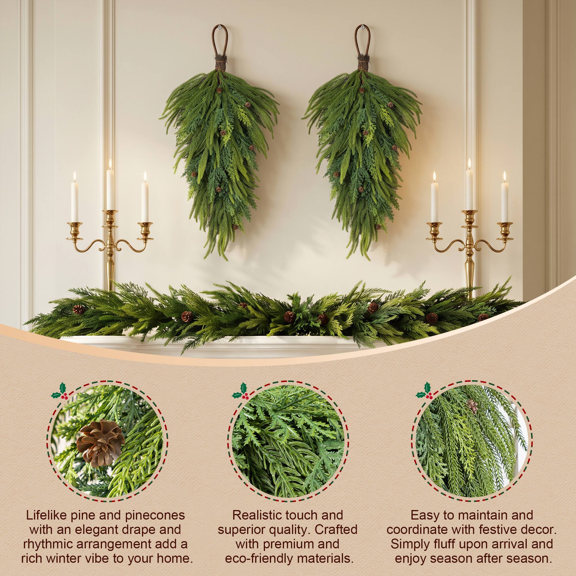 Glitzhome® 31.5" Christmas Greenery Mixed PE Teardrop with Pinecones