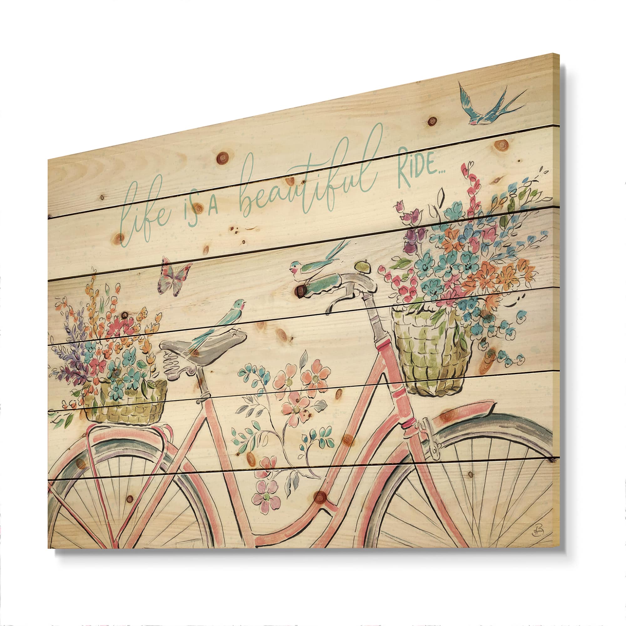 Designart - Spring Bike Bouquet - French Country Print on Natural Pine Wood
