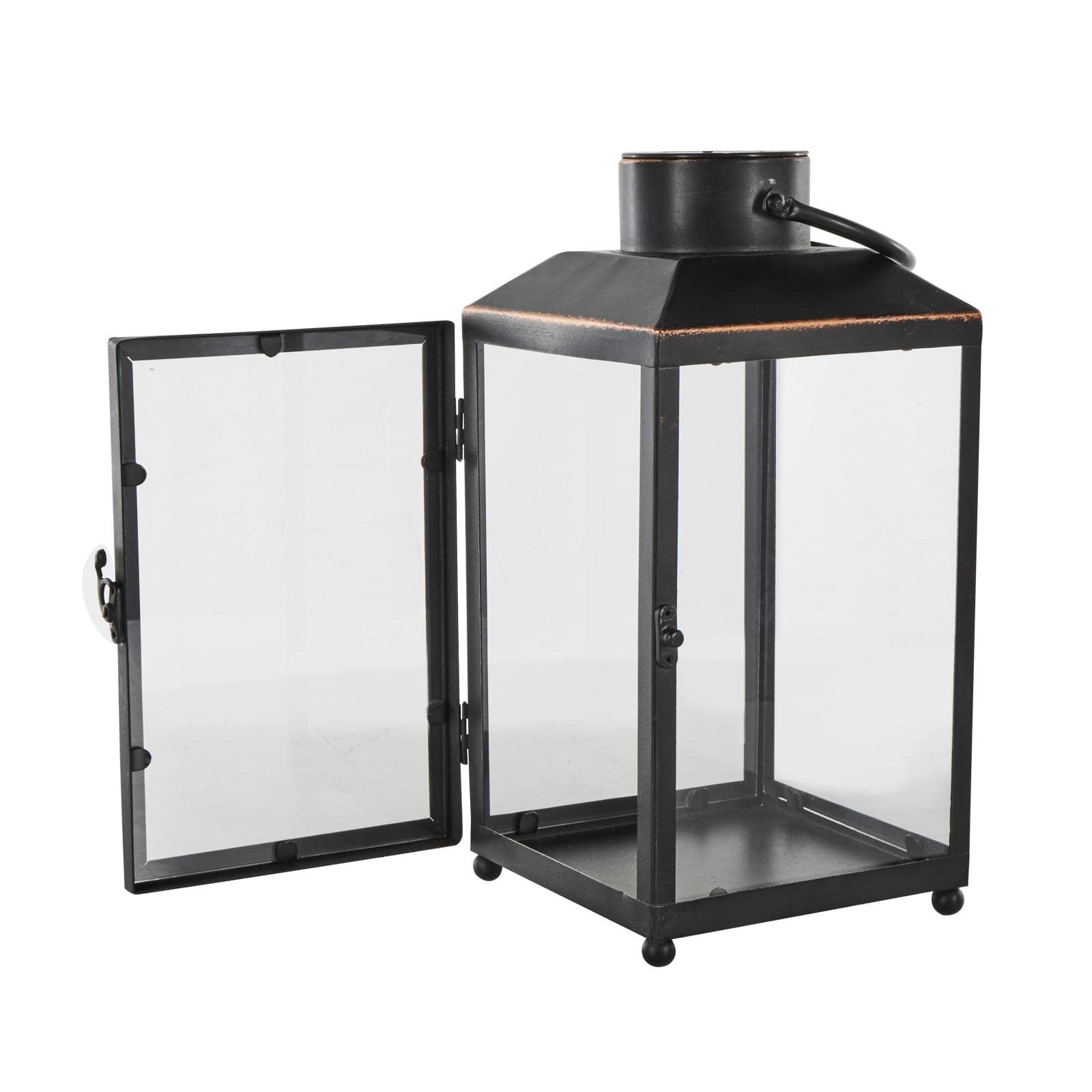 14" Black Metal Modern Candle Lantern with Gold Accents