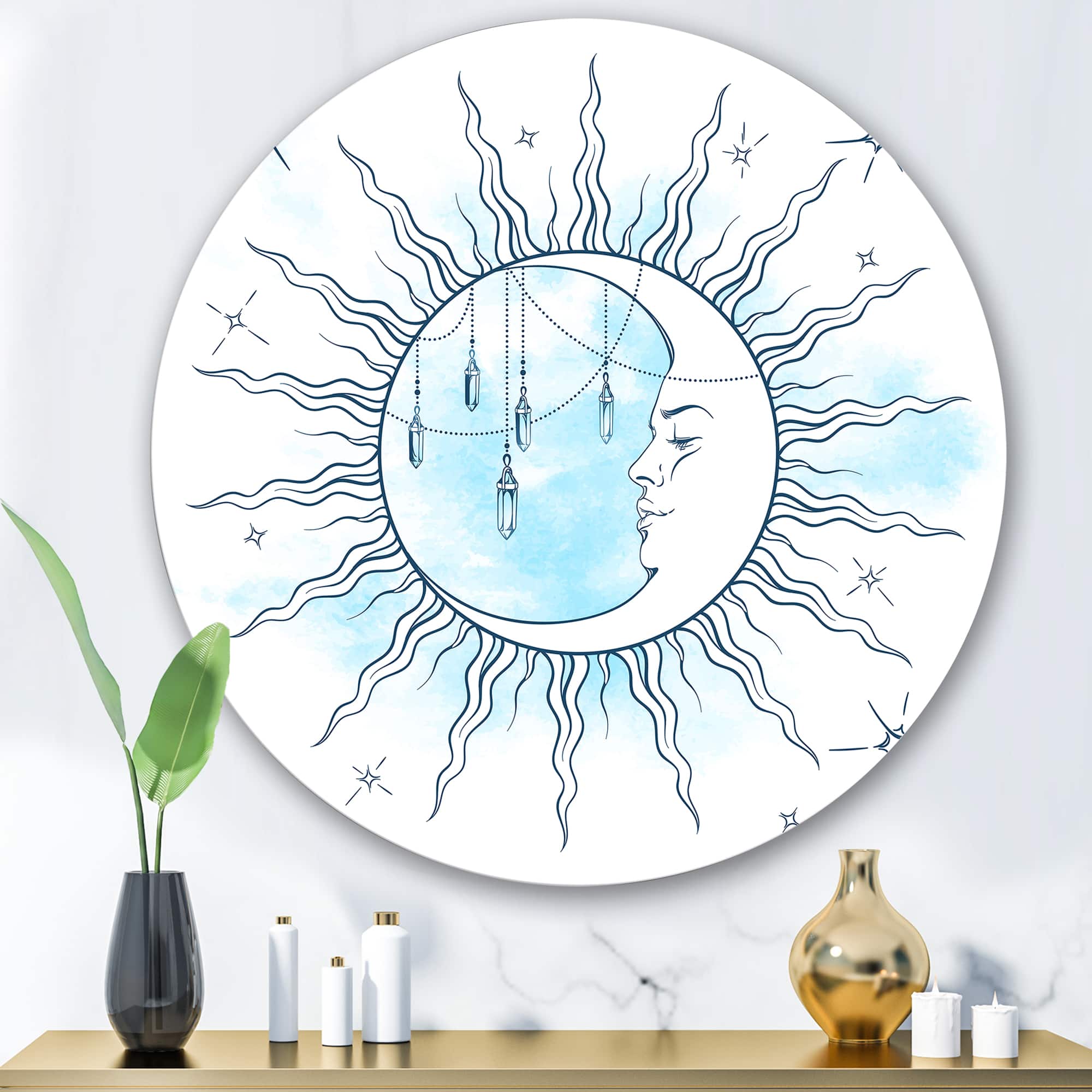 Designart - Blue Crescent Moon With Moonstone Pendants & Stars