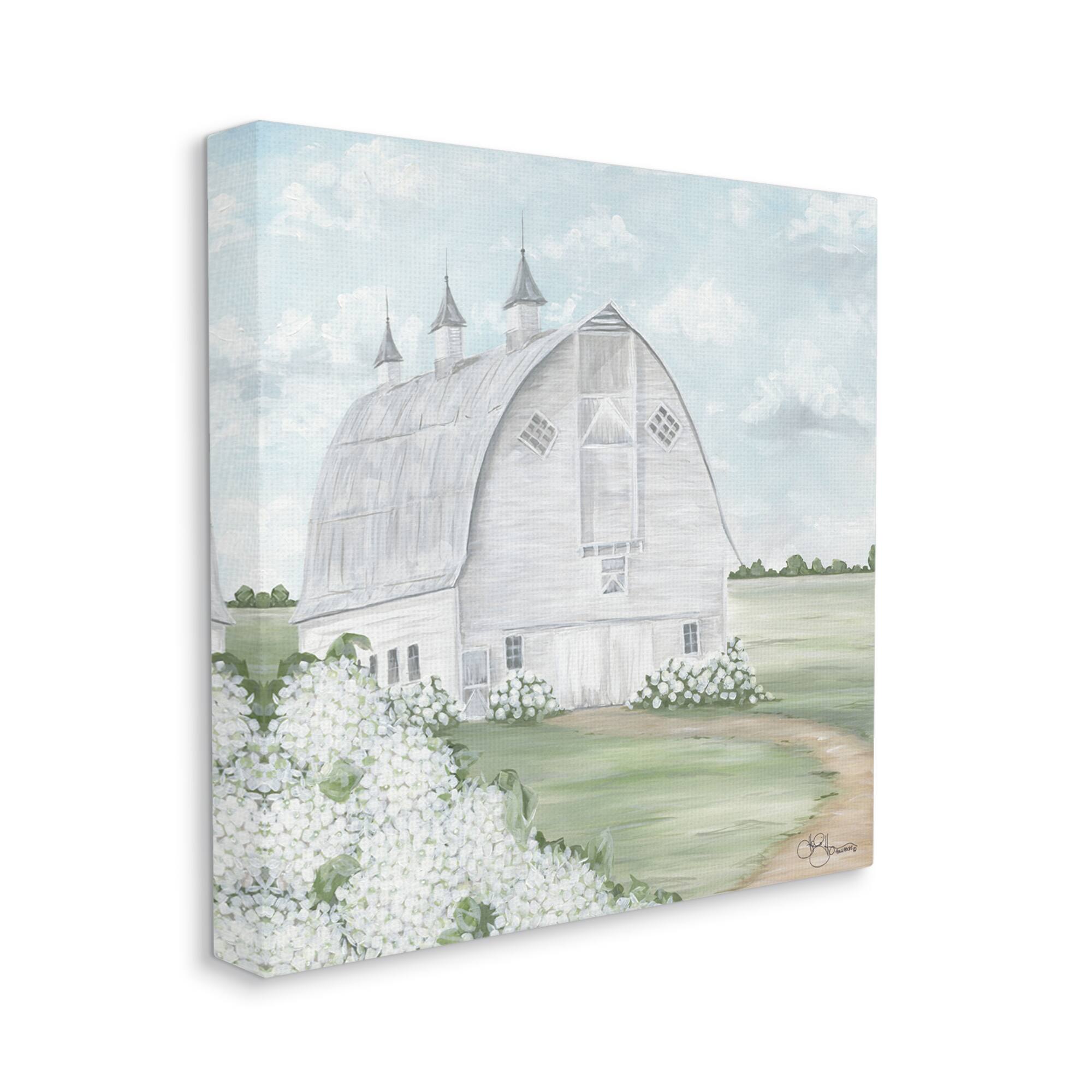Stupell Industries Soft Country Landscape White Barn and Hydrangeas Canvas Wall Art
