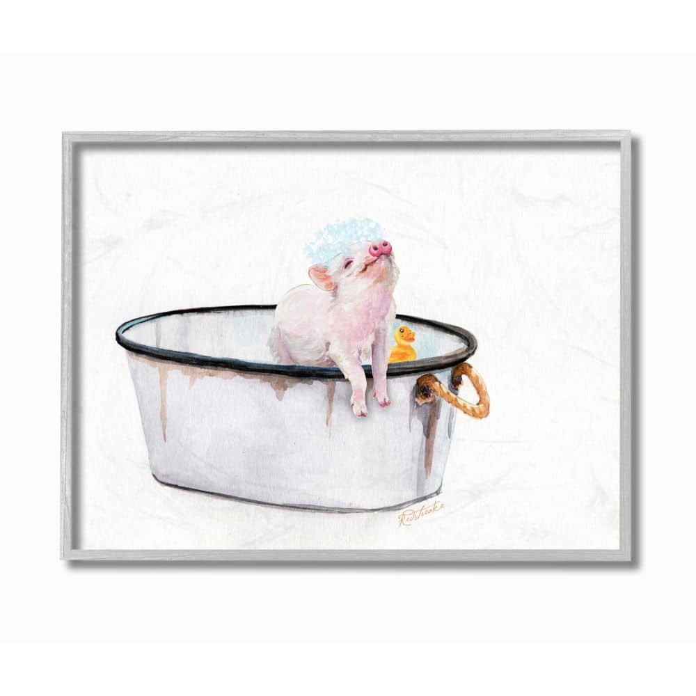 Stupell Industries Piggy Bath with Rubber Ducky Adorable Farm Animal in Gray Frame Wall Art