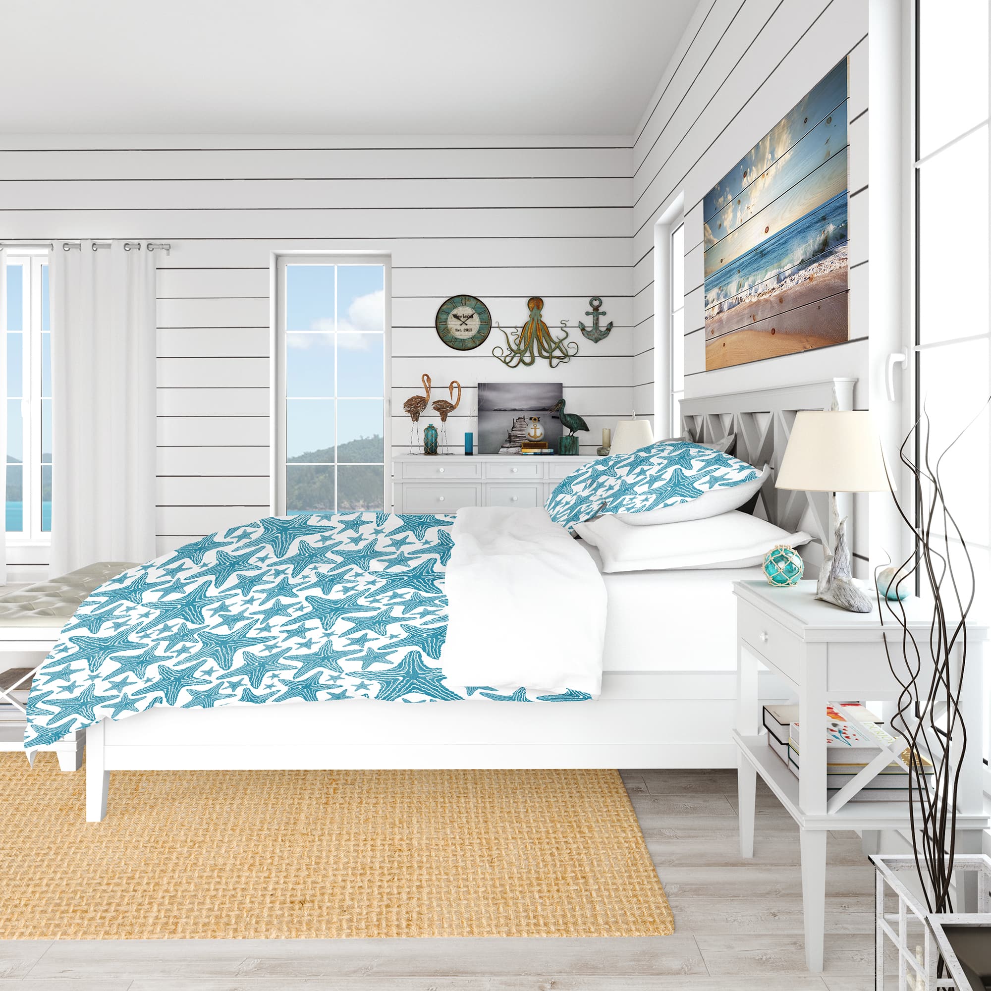 Designart 'Pattern of Blue Starfish' Coastal Bedding Set - Duvet Cover & Shams