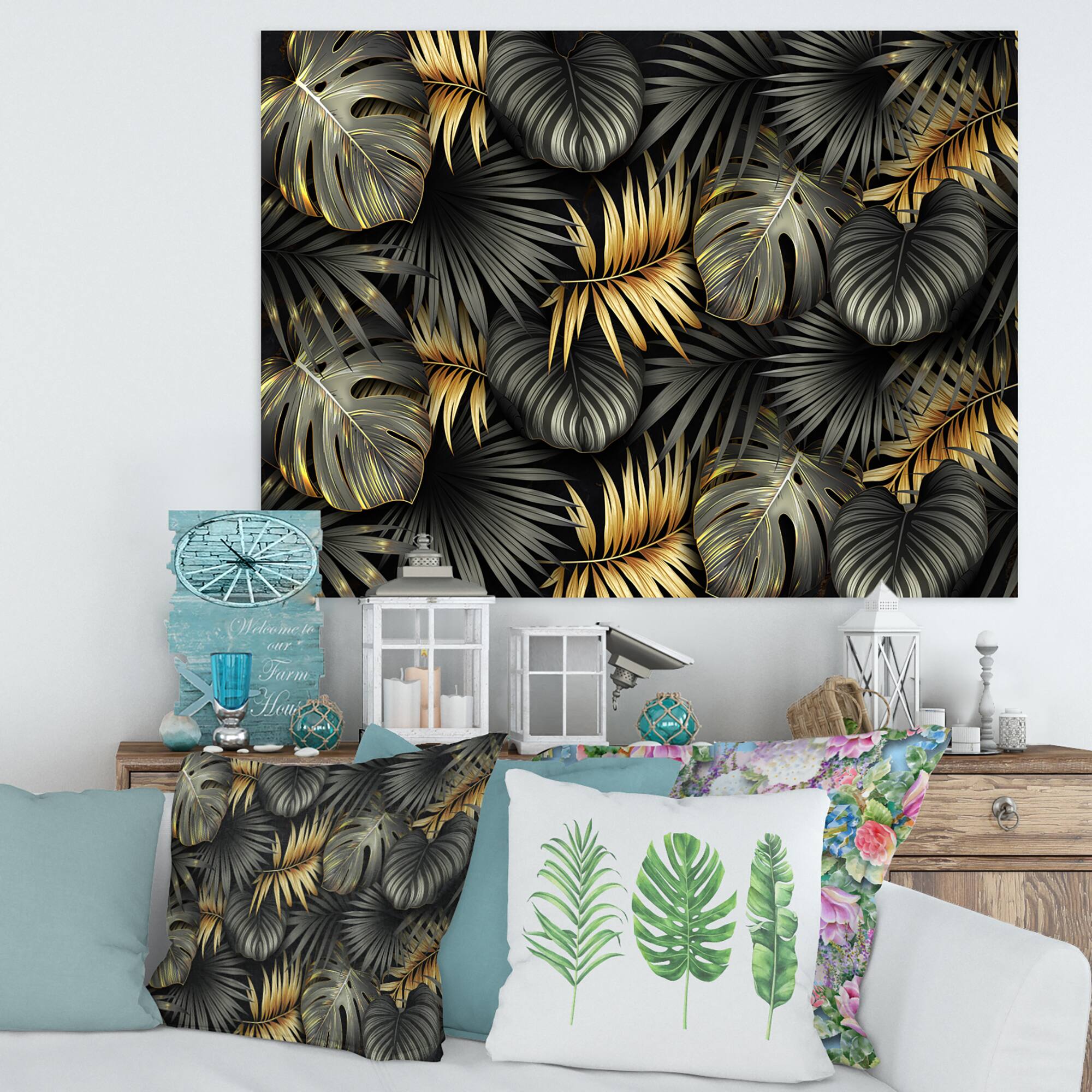 Designart - Black and Gold Tropical Leaves II - Modern Canvas Wall Art Print