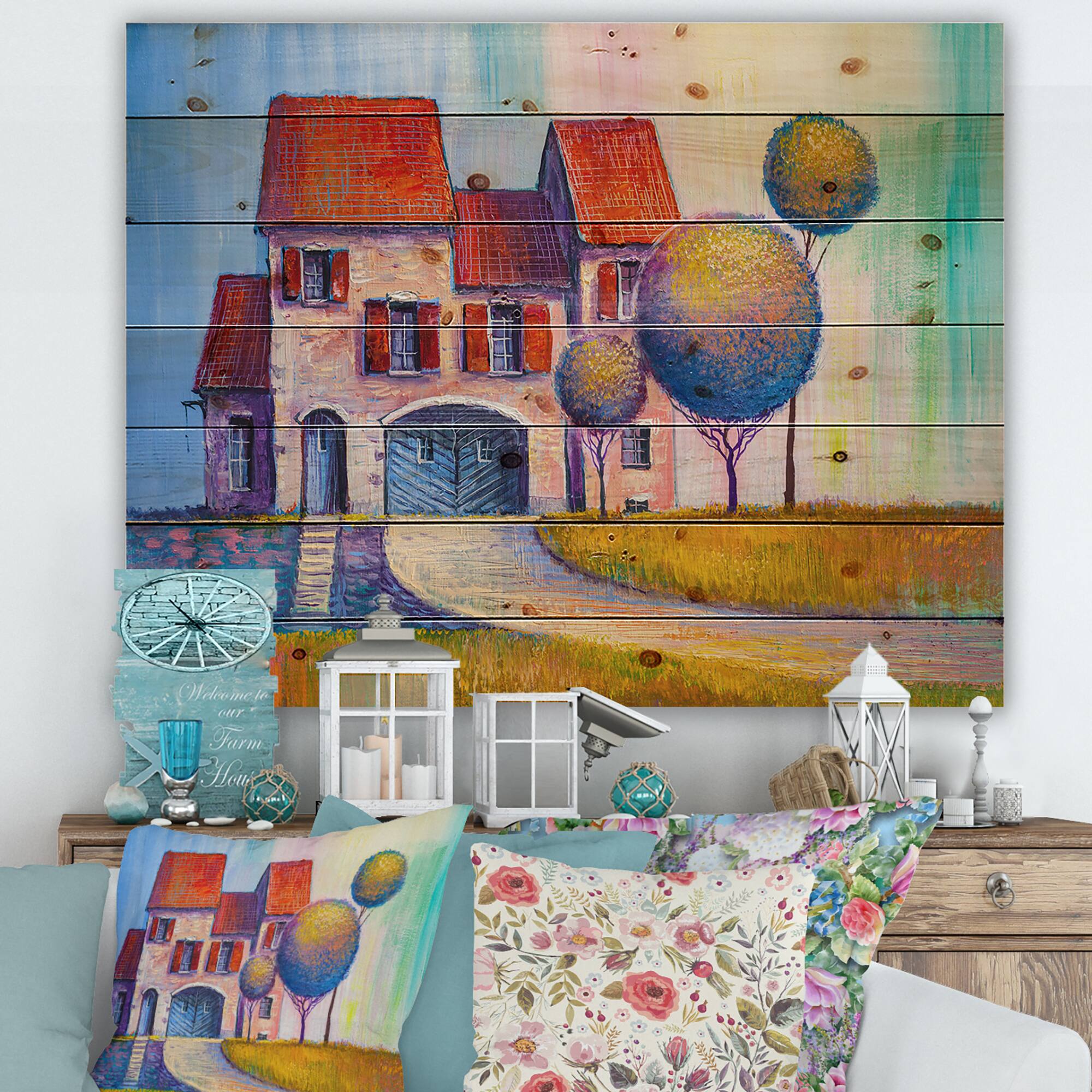 Designart - House With Red Roof In The Village - Modern Print on Natural Pine Wood