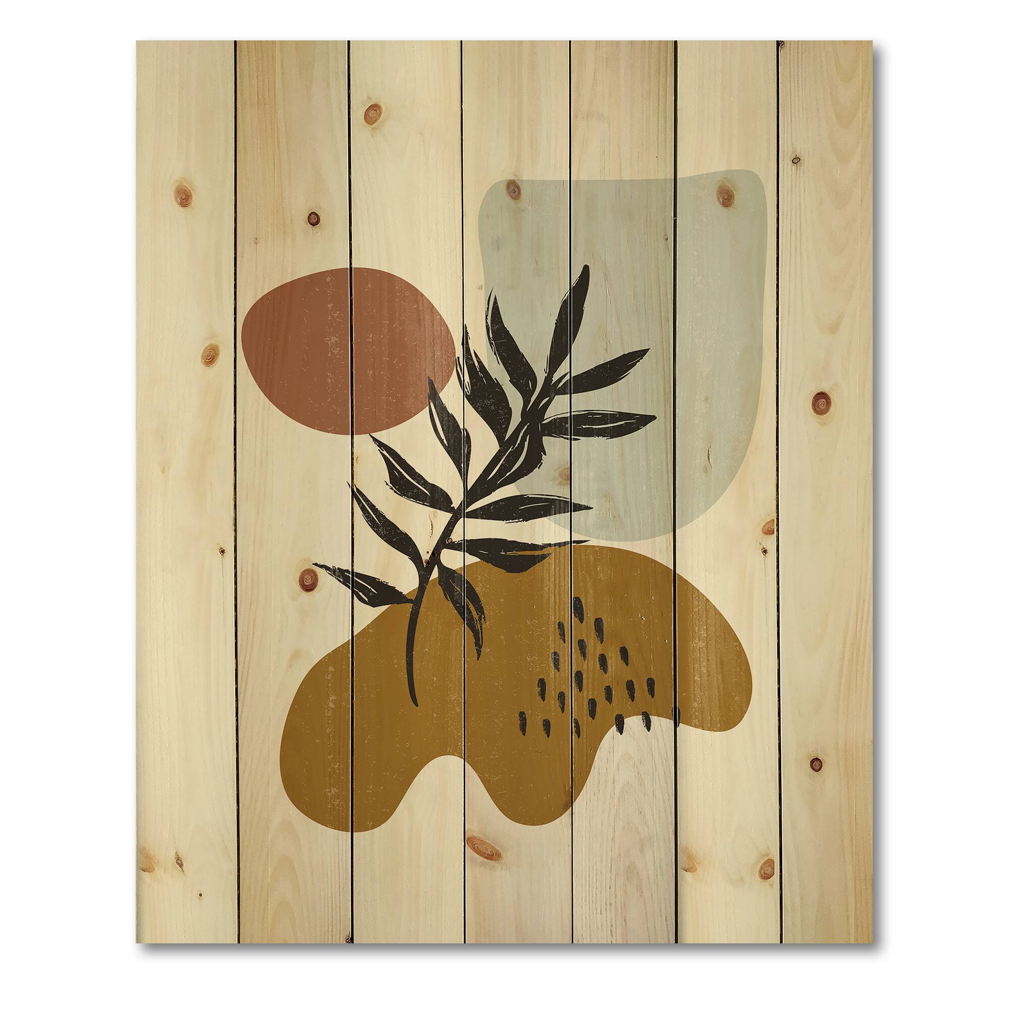 Designart - Botanical Minimalist Leaf With Abstract Shapes II - Modern Print on Natural Pine Wood