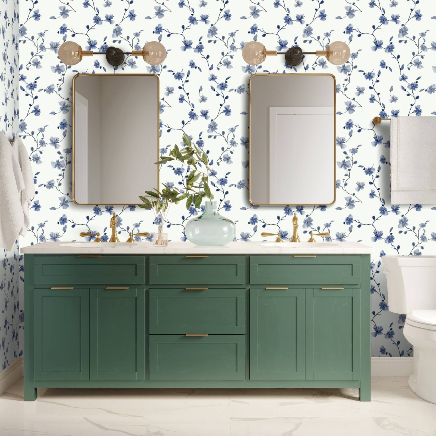 Simple Shapes Blue Azure Climbing Bloom Pre-pasted Wallpaper Rolls, 2ct.