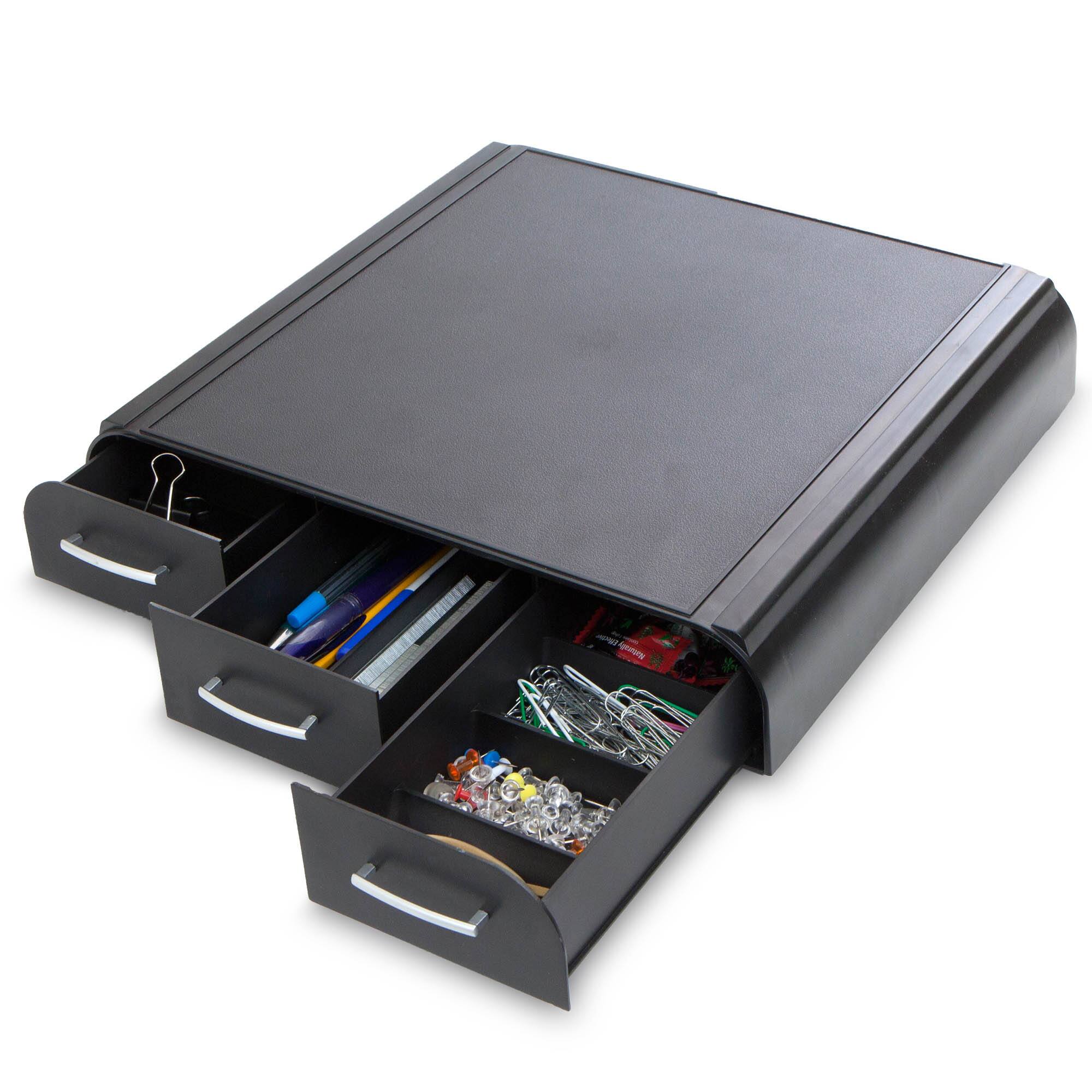 Mind Reader Black Monitor Stand & 3 Draw Desk Organizer Storage Set