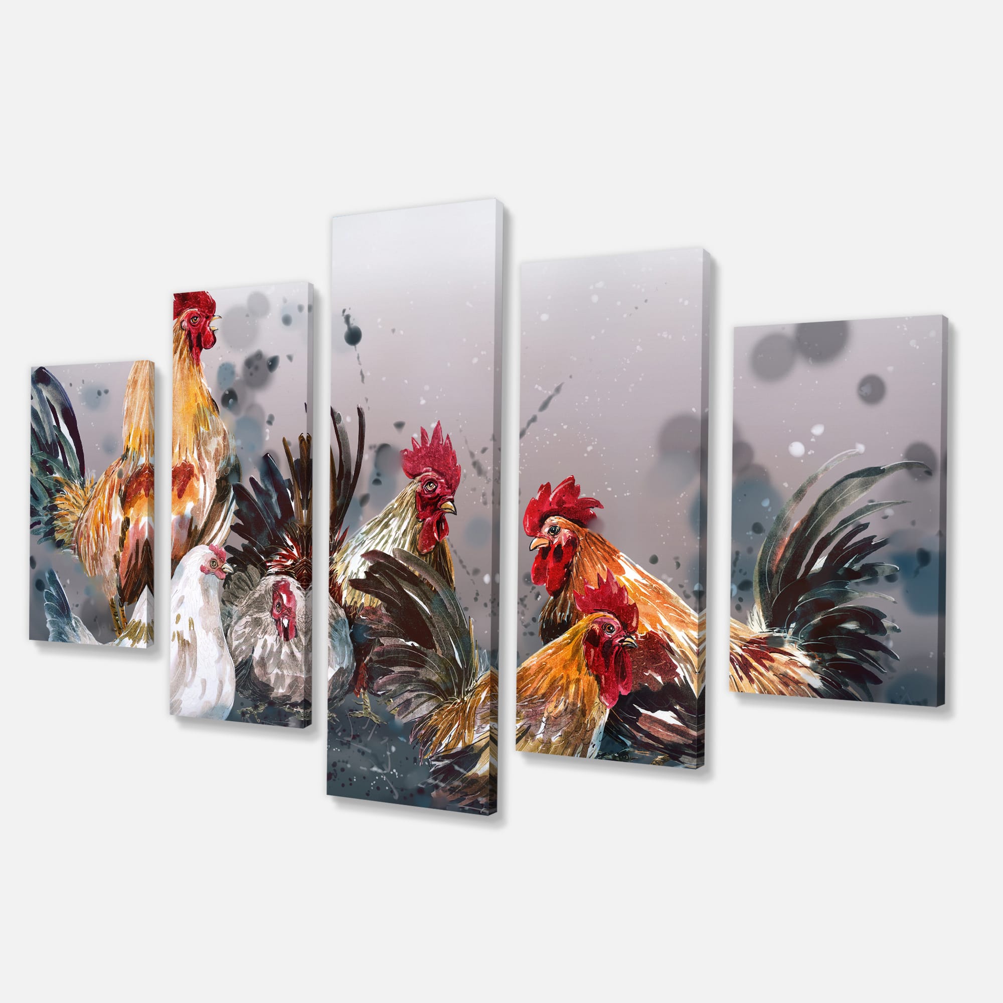 Designart - Group of Rooster in Gray Farm background - Farmhouse Animal Painting Print on Wrapped Canvas