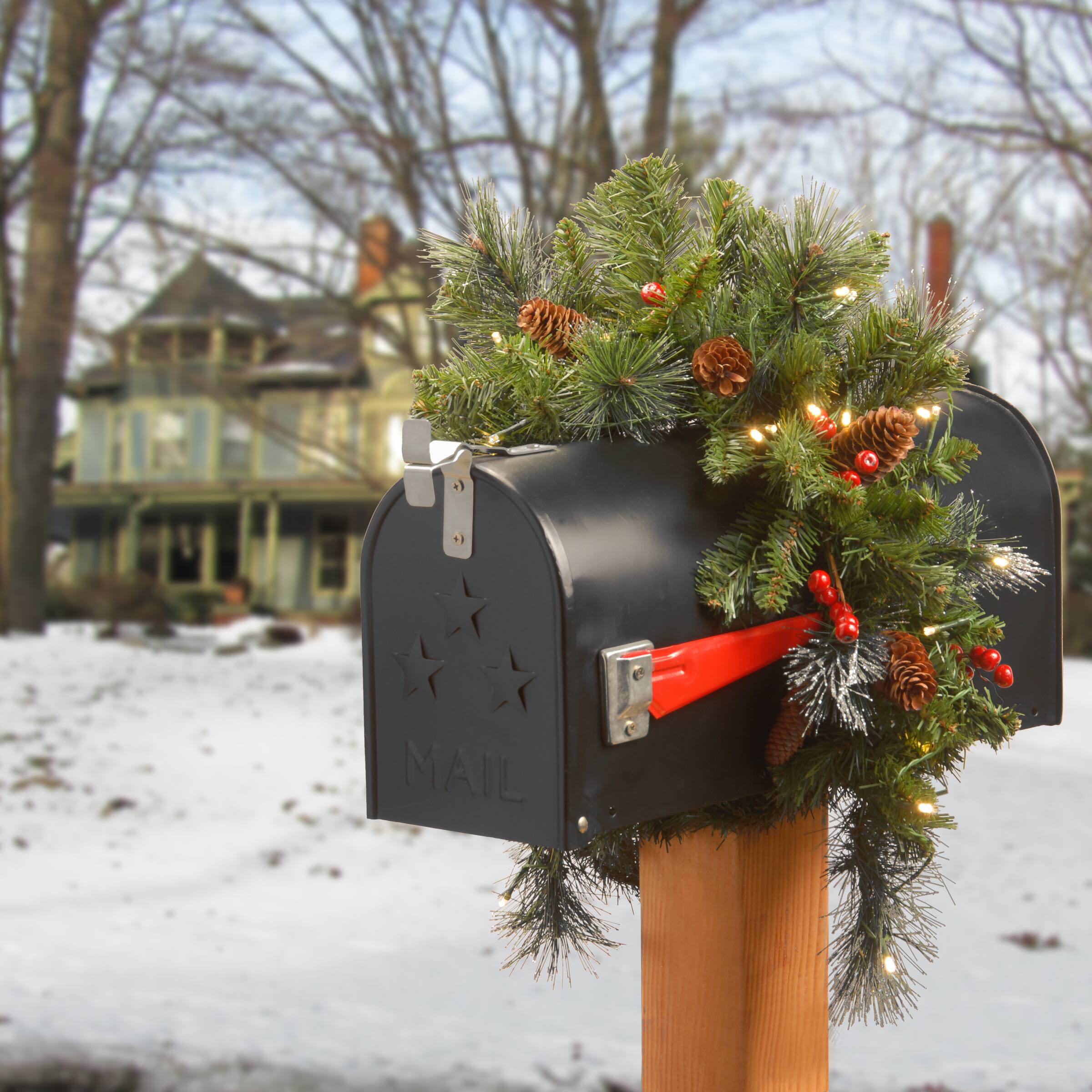 3ft. Pre-lit Crestwood Spruce Artificial Christmas Mailbox Cover with Silver Bristle, Cones, Red Berries, Glitter and Warm White LED Lights