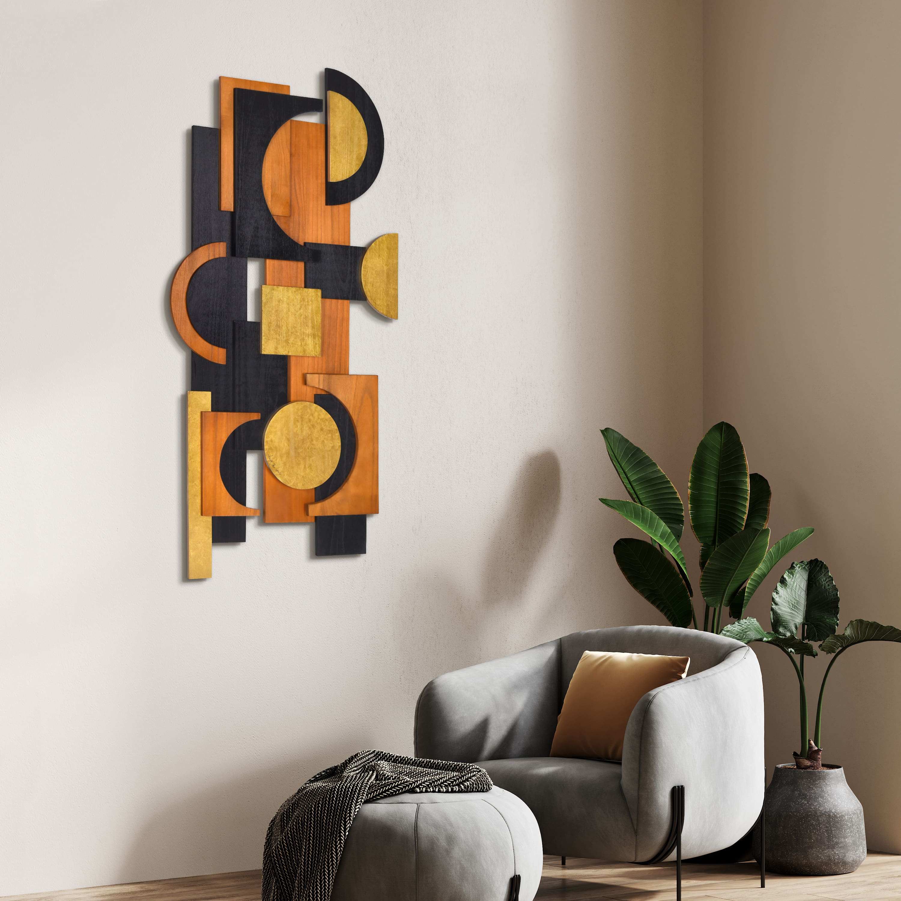 Empire Art Direct 24" x 48" Amber Embraces II Hand Made Dimensional Solid Wood Abstracts Wall Art
