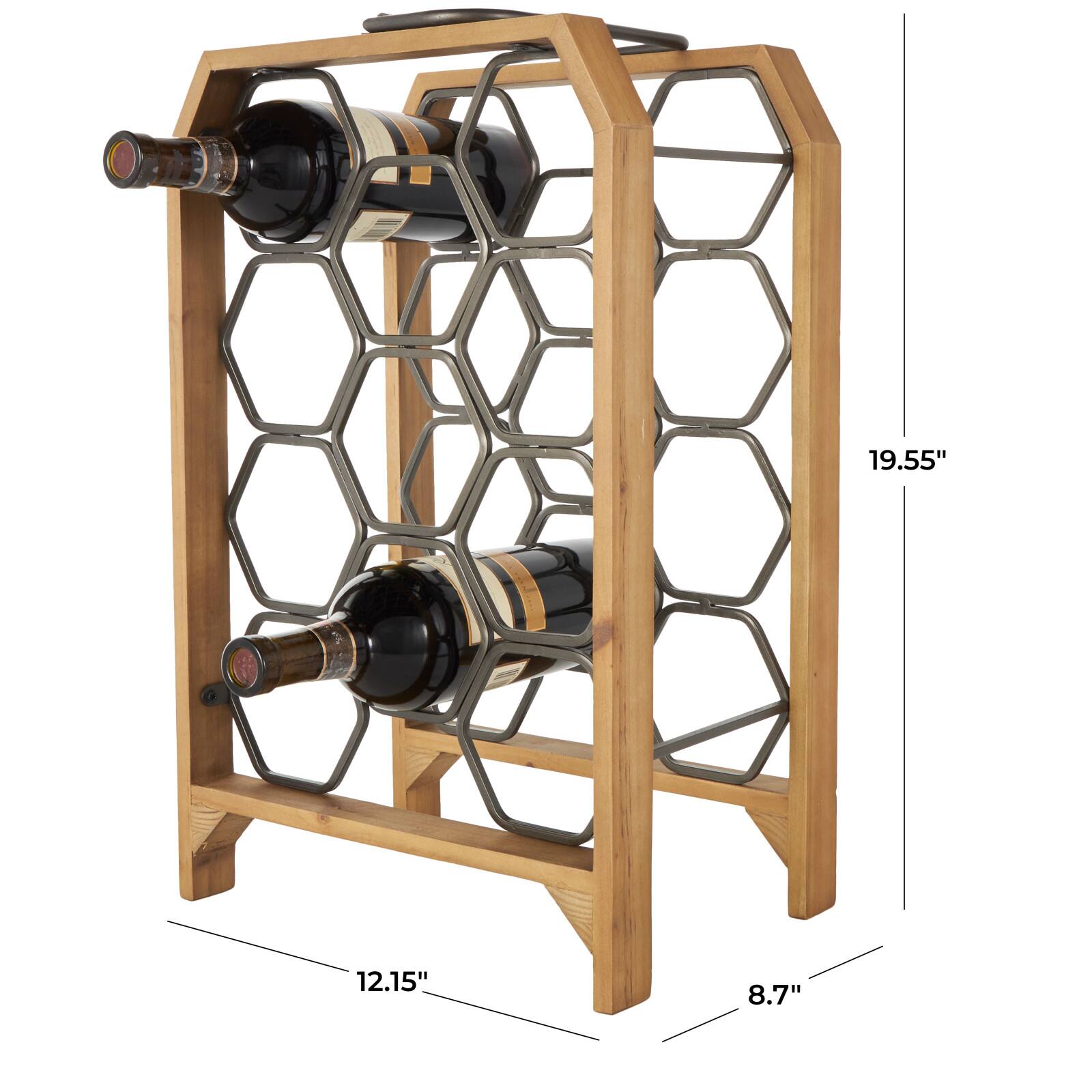 12" x 9" x 20" Brown Geometric 11 Slot Wooden Wine Rack with Gray Metal Curved Teardrop Holders