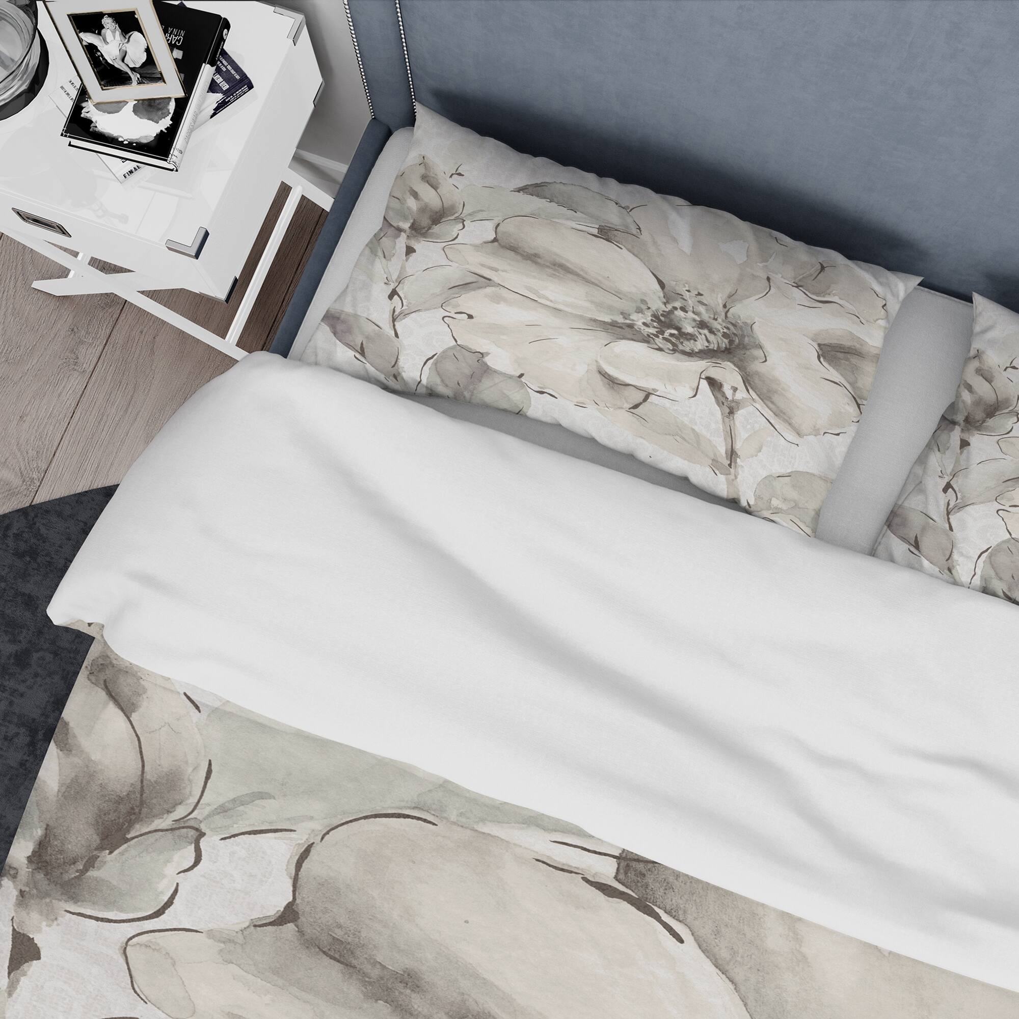 Designart 'Indigold Grey Peonies IV' Cottage Bedding Set - Duvet Cover & Shams