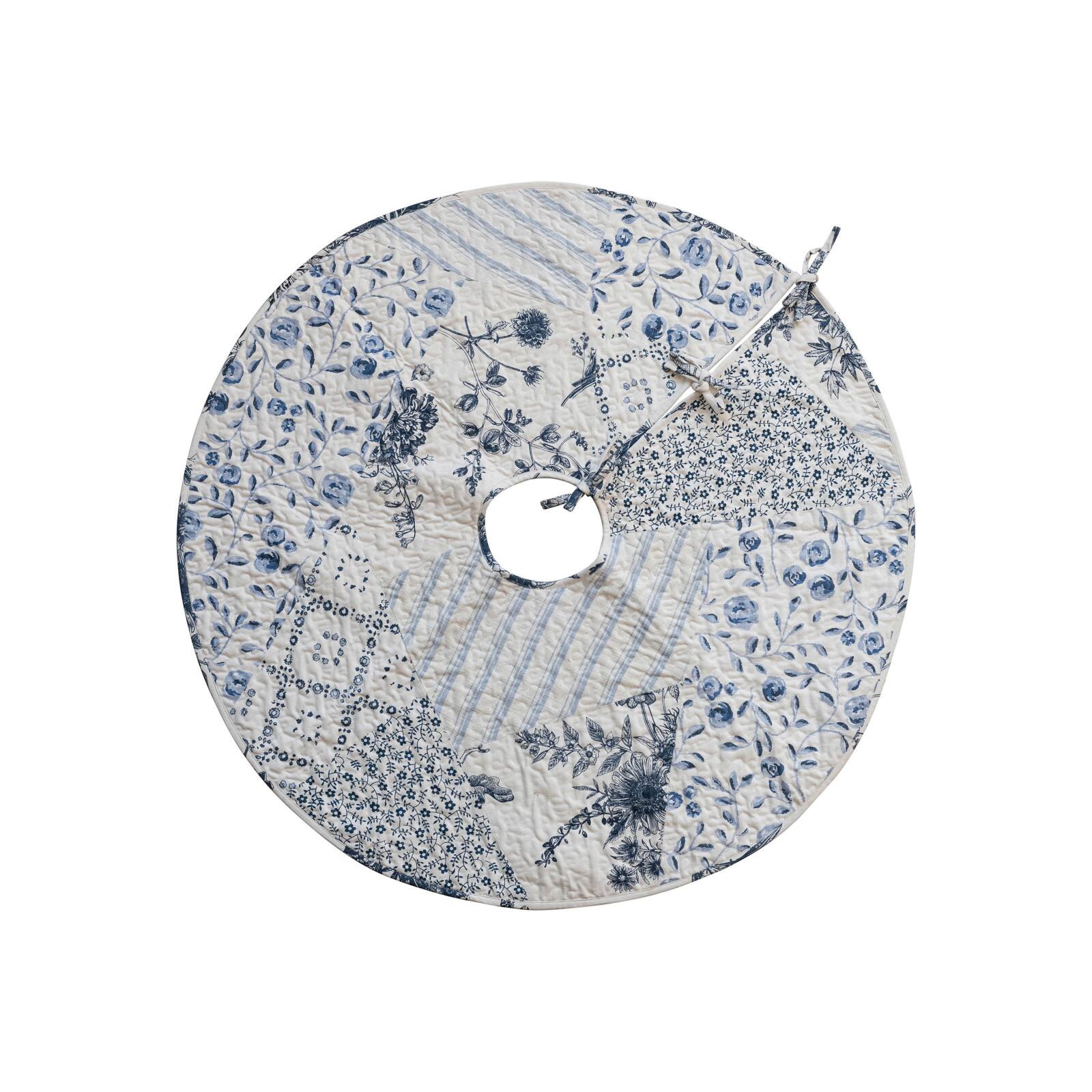 Hello Honey® 48" White & Blue Round Quilted Cotton Patchwork Floral Tree Skirt