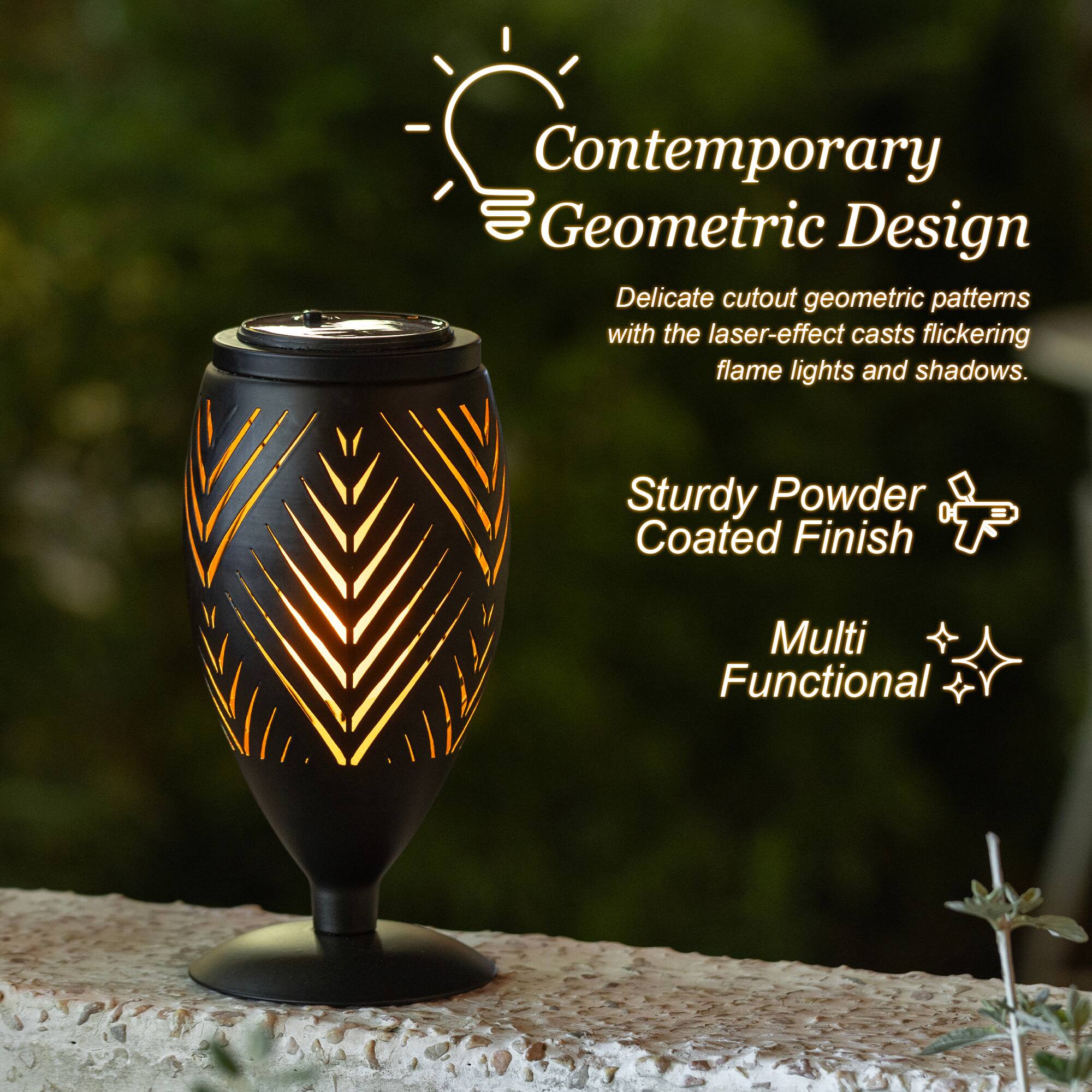 Glitzhome® 8.75" Set of 2 LED Black Metal Chevron Cutout Solar Powered Outdoor Lantern