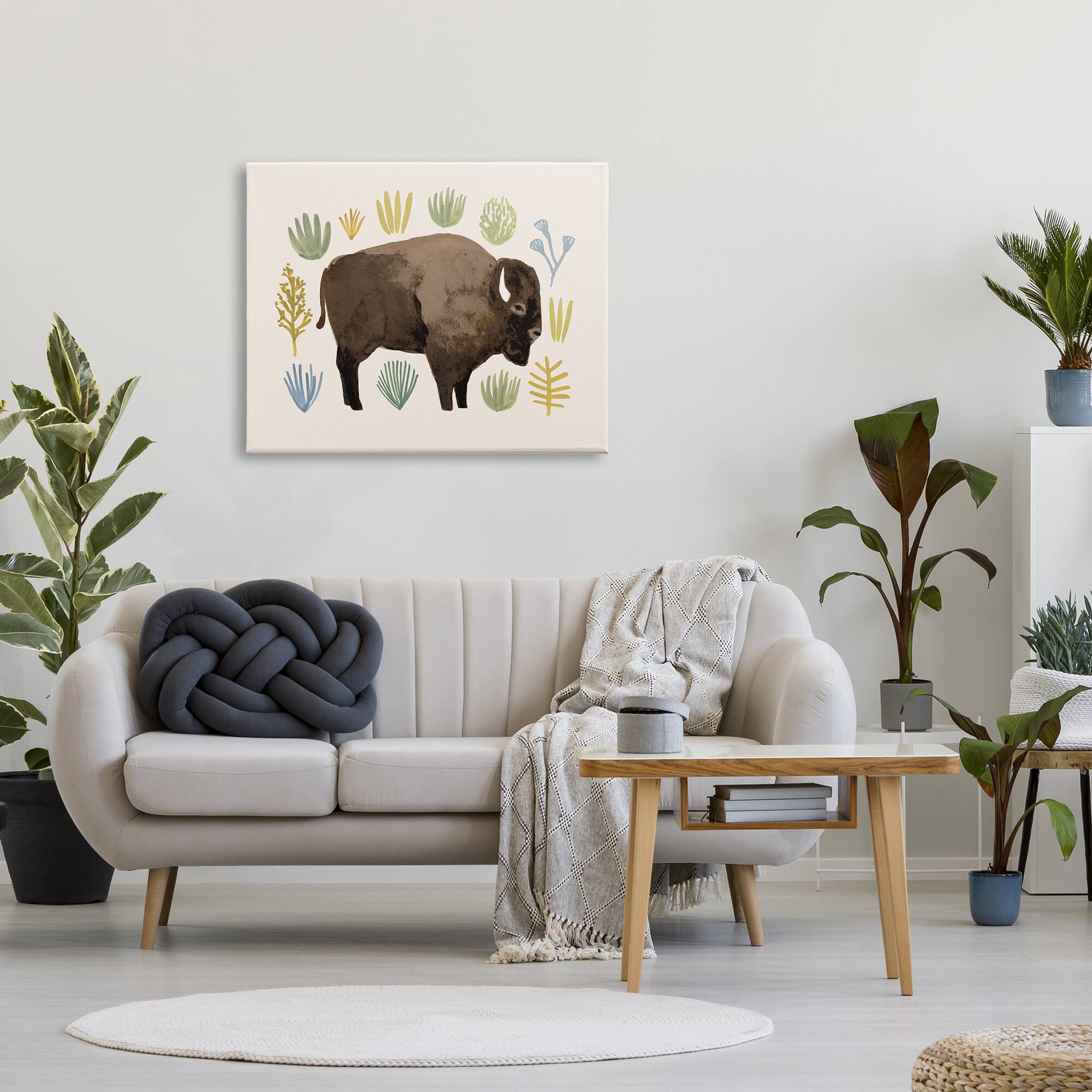 Stupell Industries Terracotta Green Yellow Plants Brown Horned Buffalo Canvas Wall Art