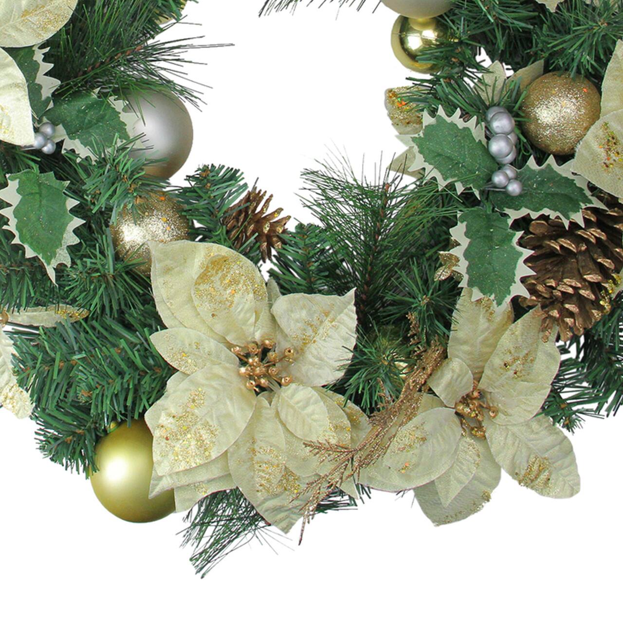 24" Pre-Decorated Gold Poinsettia & Ball Artificial Wreath