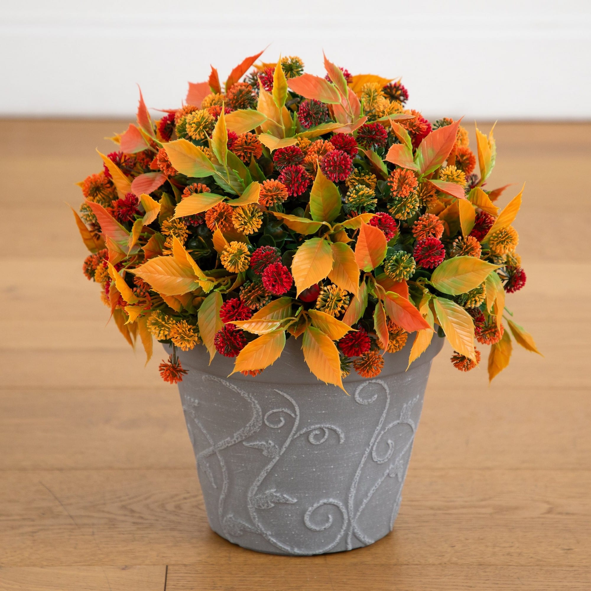 15.5" UV Resistant Autumn Artificial Mixed Fall Mum in Decorative Gray Planter