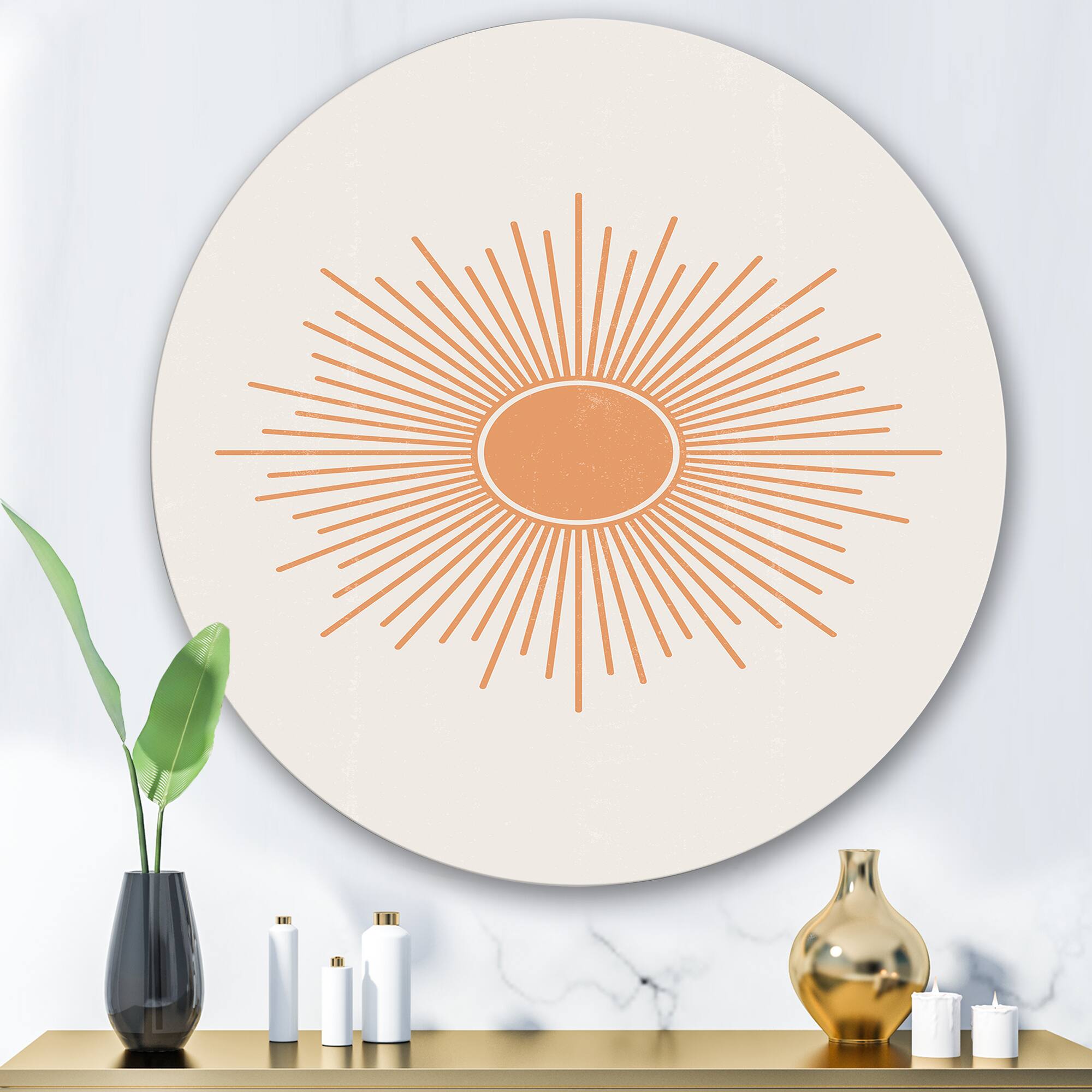 Designart - Minimalist Bright Shining Orange Sun Rays III - Modern Metal Circle Wall Art